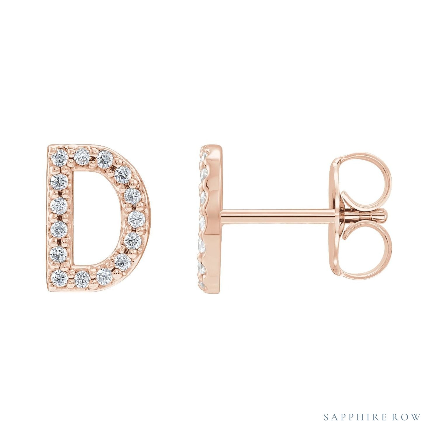 Sapphire Row Natural Diamond Pavé Initial Stud Earrings - D, 14K Rose Gold