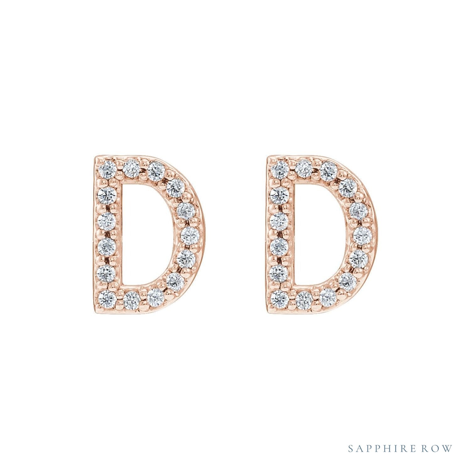 Sapphire Row Natural Diamond Pavé Initial Stud Earrings - D, 14K Rose Gold (view 2)