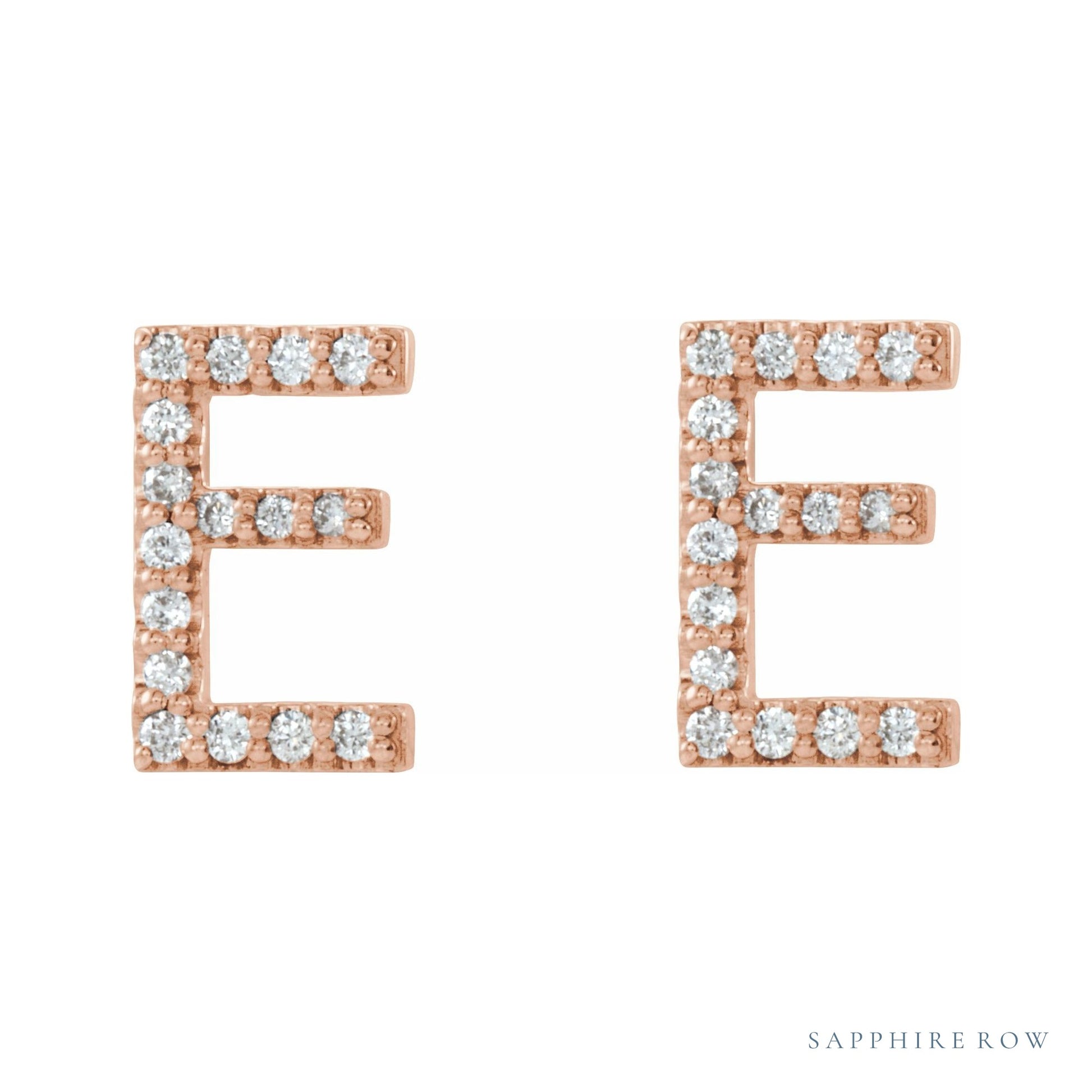 Sapphire Row Natural Diamond Pavé Initial Stud Earrings - E, 14K Rose Gold (view 2)