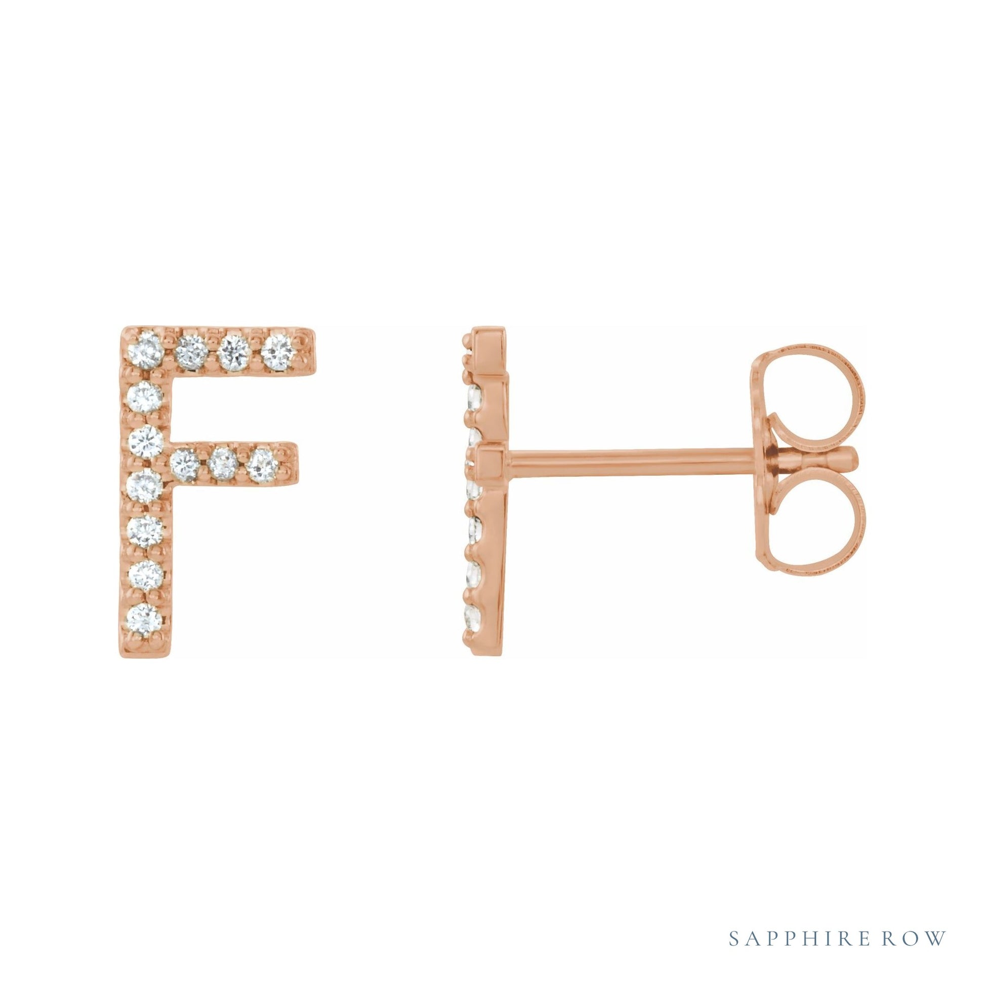 Sapphire Row Natural Diamond Pavé Initial Stud Earrings - F, 14K Rose Gold