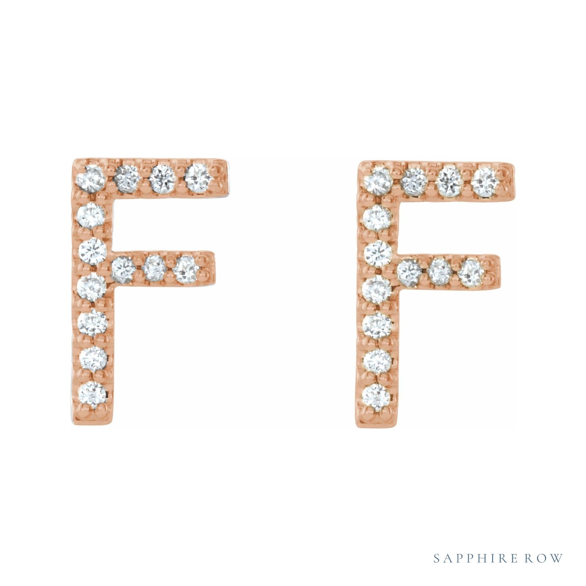 Sapphire Row Natural Diamond Pavé Initial Stud Earrings - F, 14K Rose Gold (view 2)