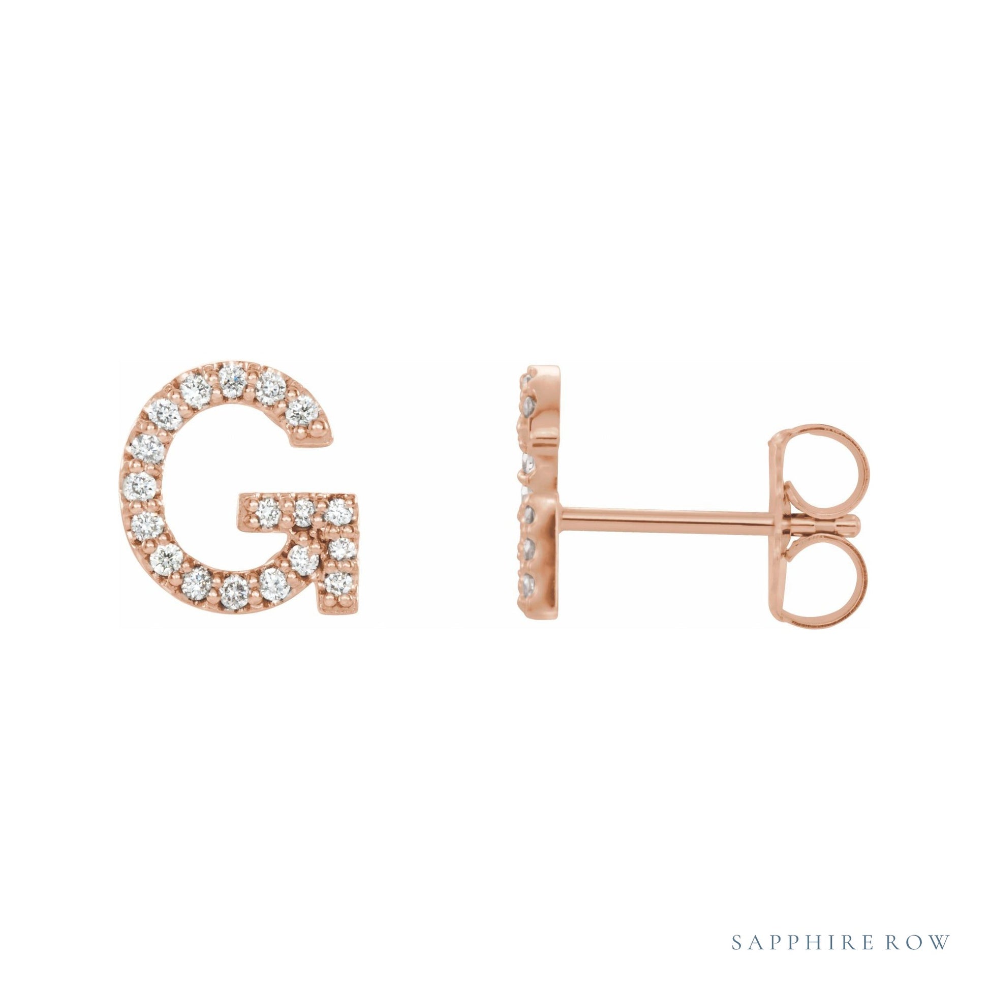 Sapphire Row Natural Diamond Pavé Initial Stud Earrings - G, 14K Rose Gold