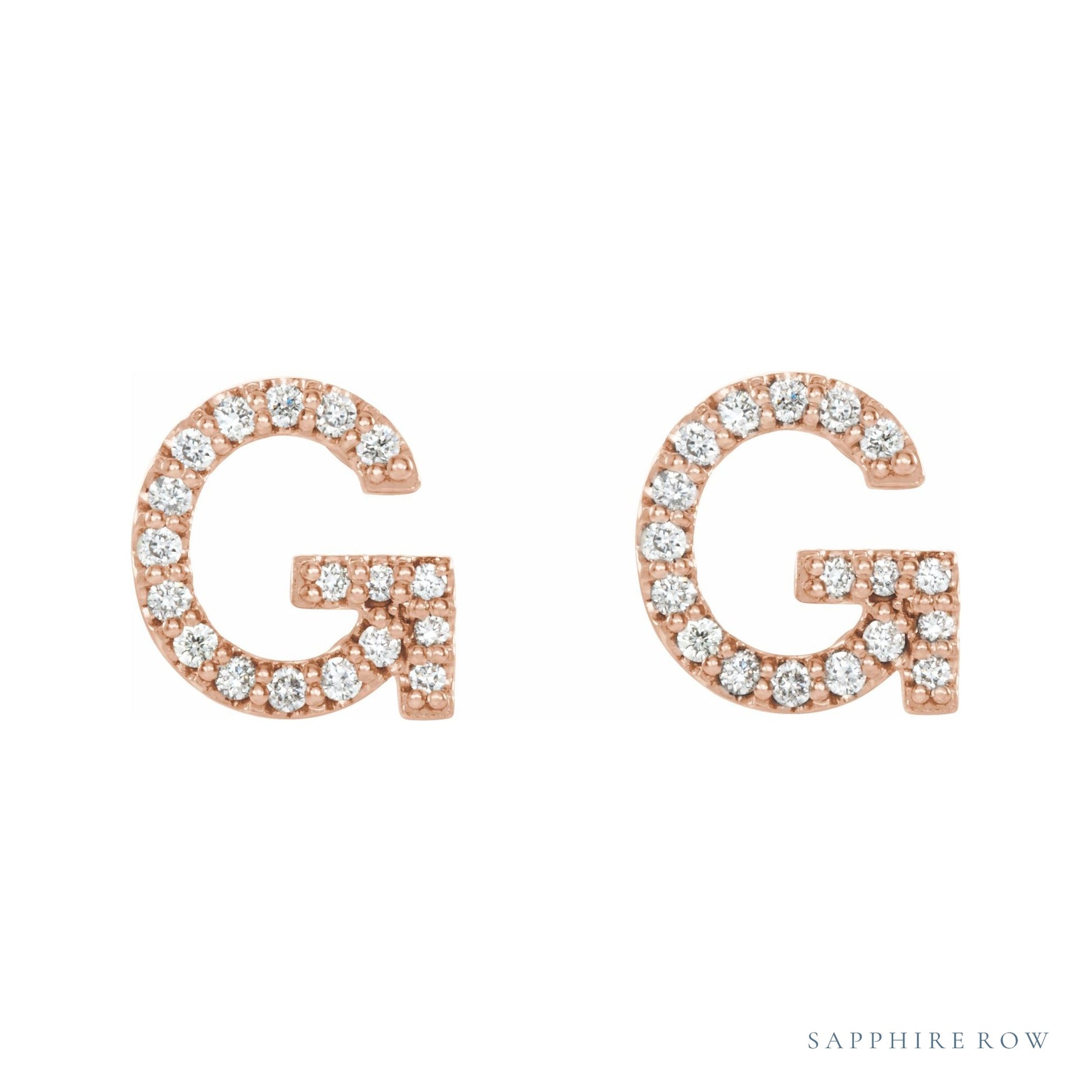 Sapphire Row Natural Diamond Pavé Initial Stud Earrings - G, 14K Rose Gold (view 2)