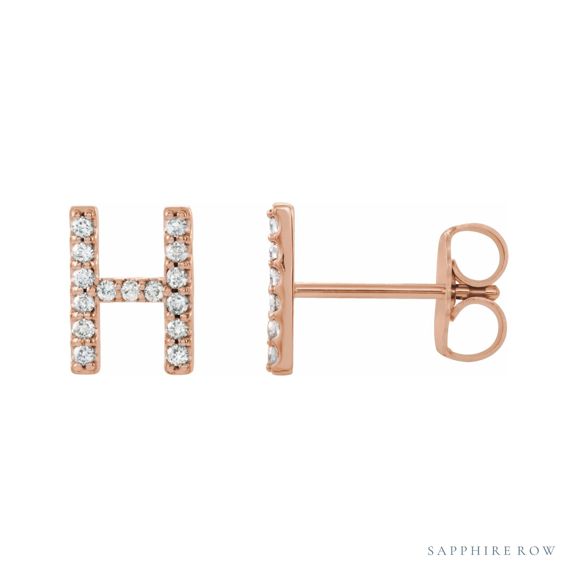 Sapphire Row Natural Diamond Pavé Initial Stud Earrings - H, 14K Rose Gold
