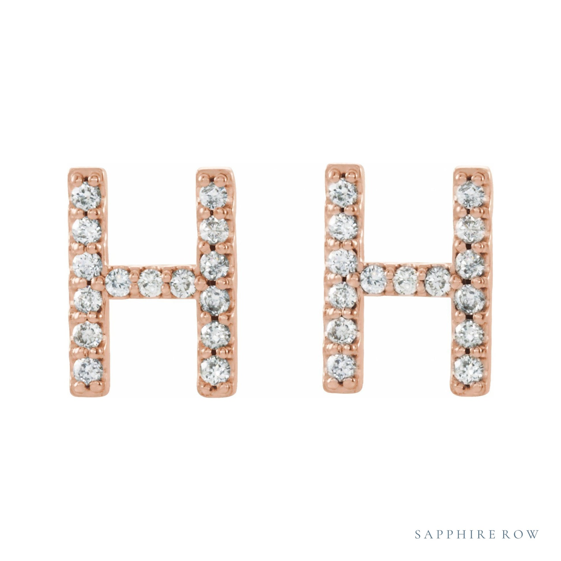Sapphire Row Natural Diamond Pavé Initial Stud Earrings - H, 14K Rose Gold (view 2)
