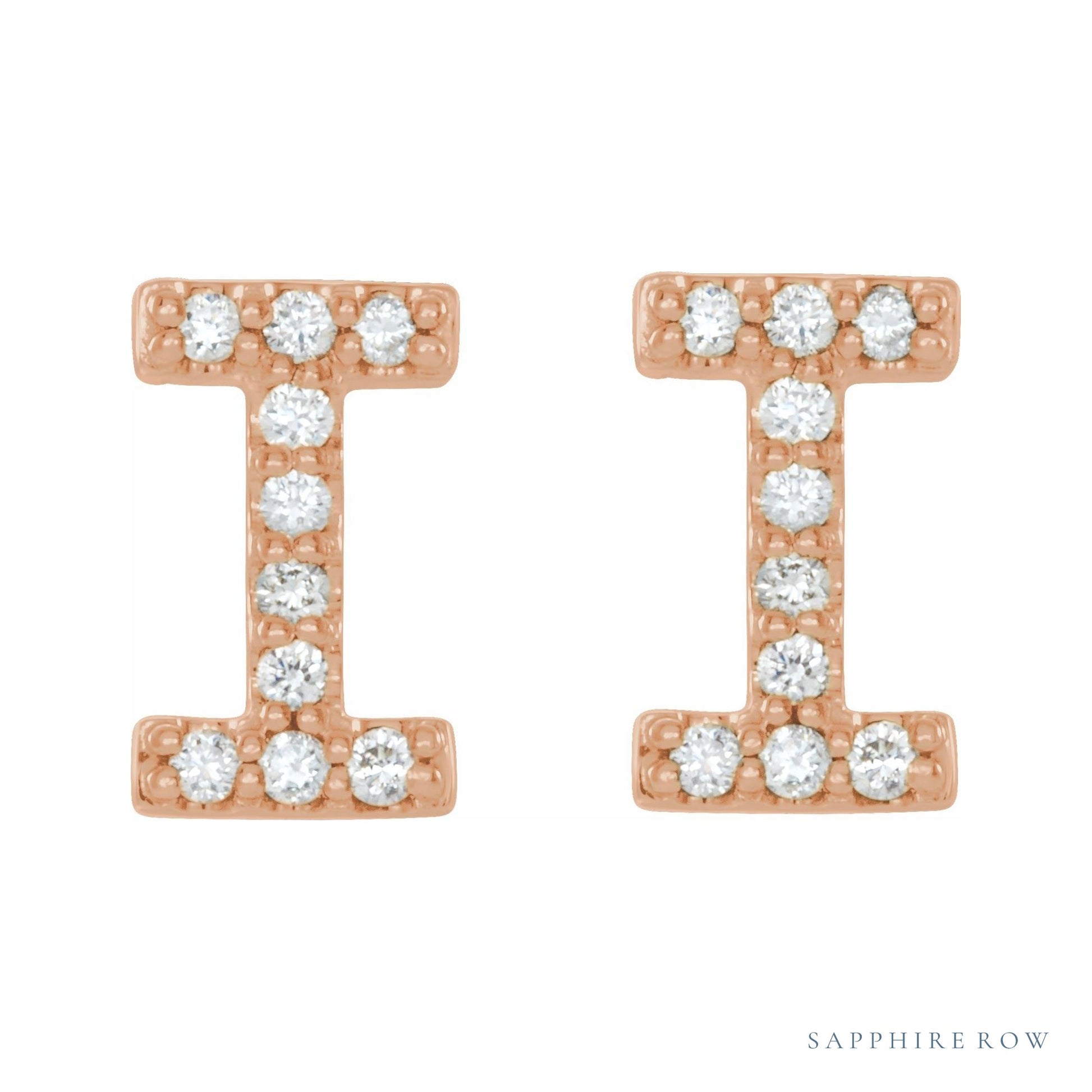 Sapphire Row Natural Diamond Pavé Initial Stud Earrings - I, 14K Rose Gold (view 2)
