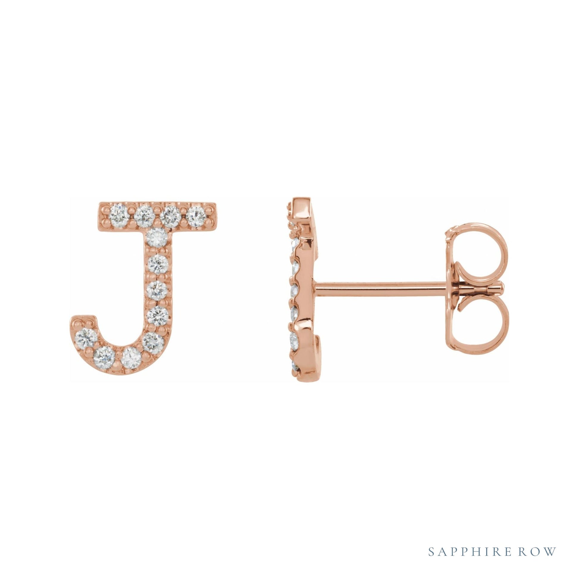 Sapphire Row Natural Diamond Pavé Initial Stud Earrings - J, 14K Rose Gold
