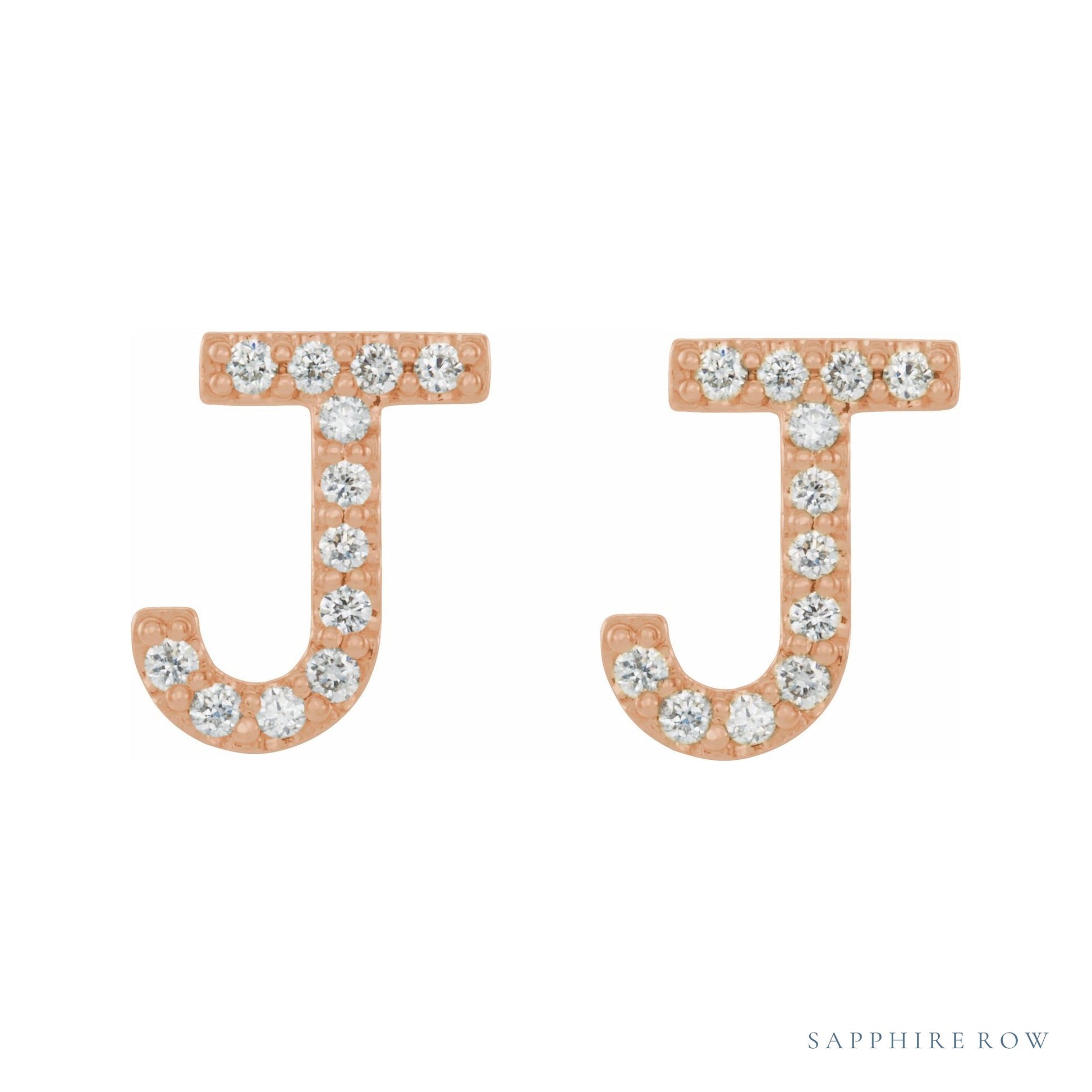Sapphire Row Natural Diamond Pavé Initial Stud Earrings - J, 14K Rose Gold (view 2)