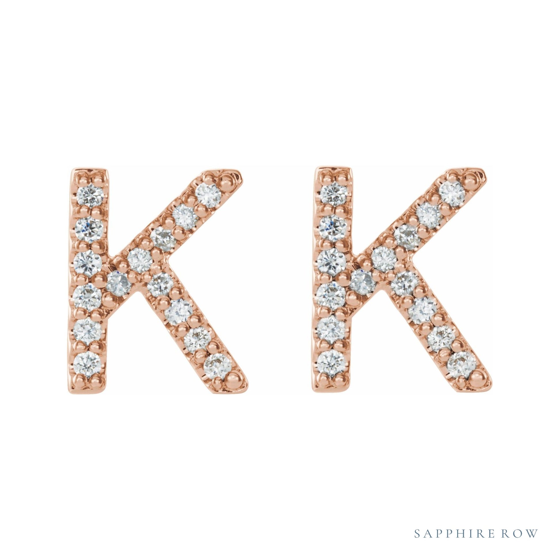 Sapphire Row Natural Diamond Pavé Initial Stud Earrings - K, 14K Rose Gold (view 2)