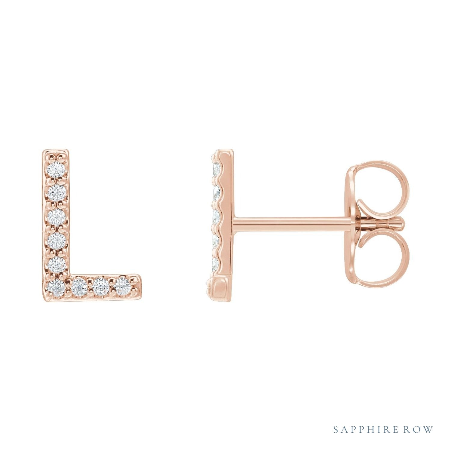 Sapphire Row Natural Diamond Pavé Initial Stud Earrings - L, 14K Rose Gold