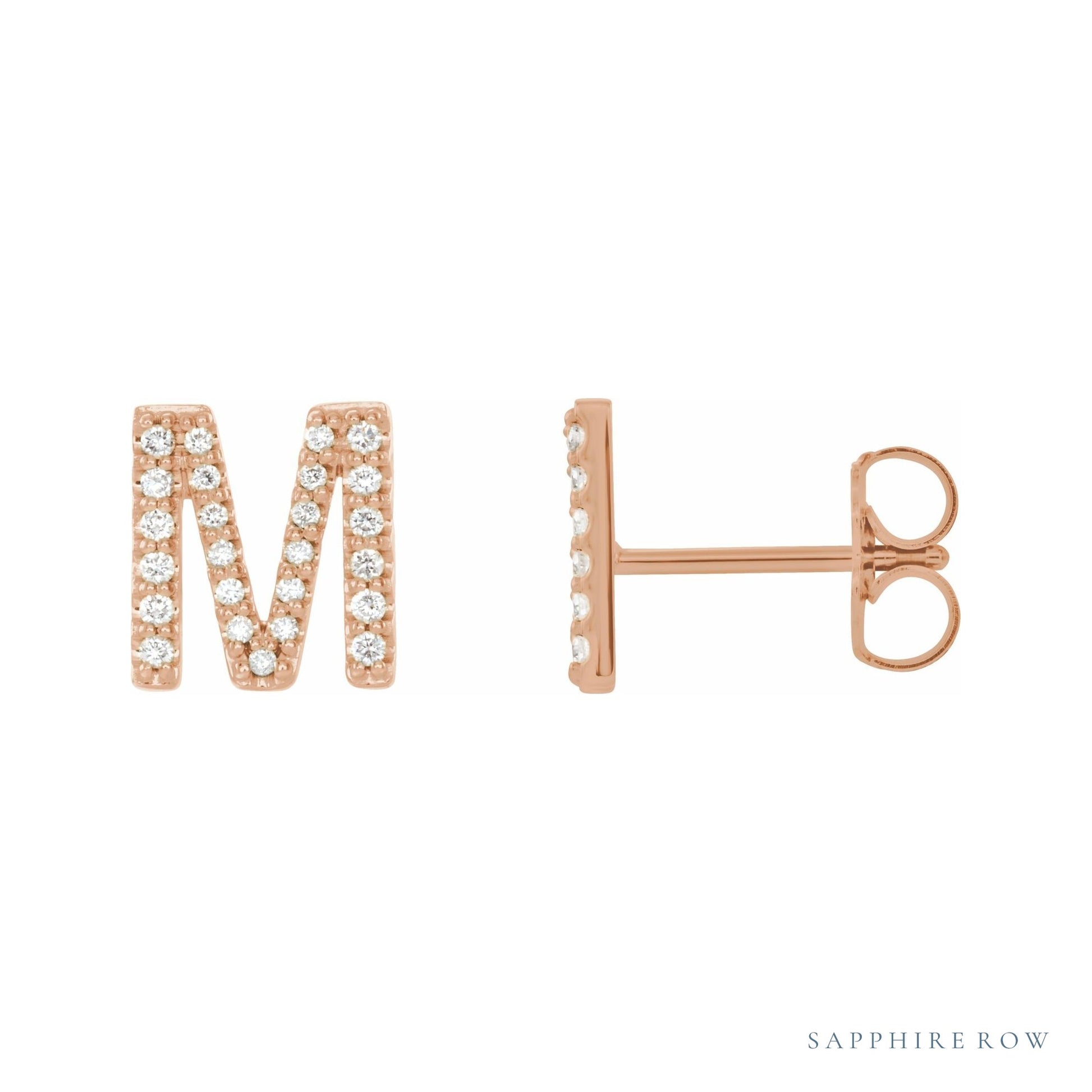 Sapphire Row Natural Diamond Pavé Initial Stud Earrings - M, 14K Rose Gold