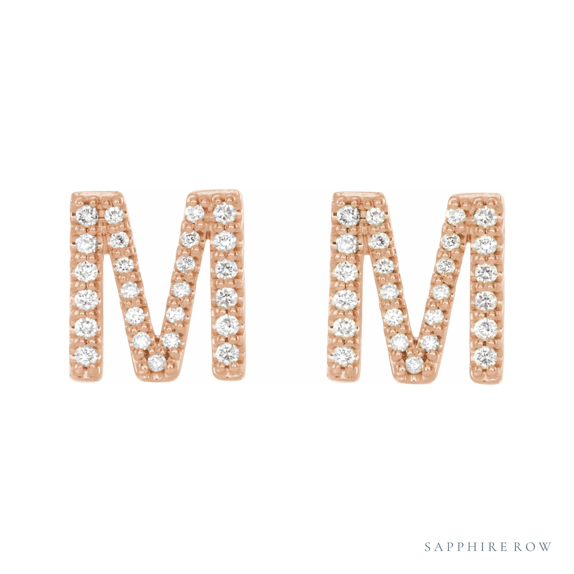 Sapphire Row Natural Diamond Pavé Initial Stud Earrings - M, 14K Rose Gold (view 2)