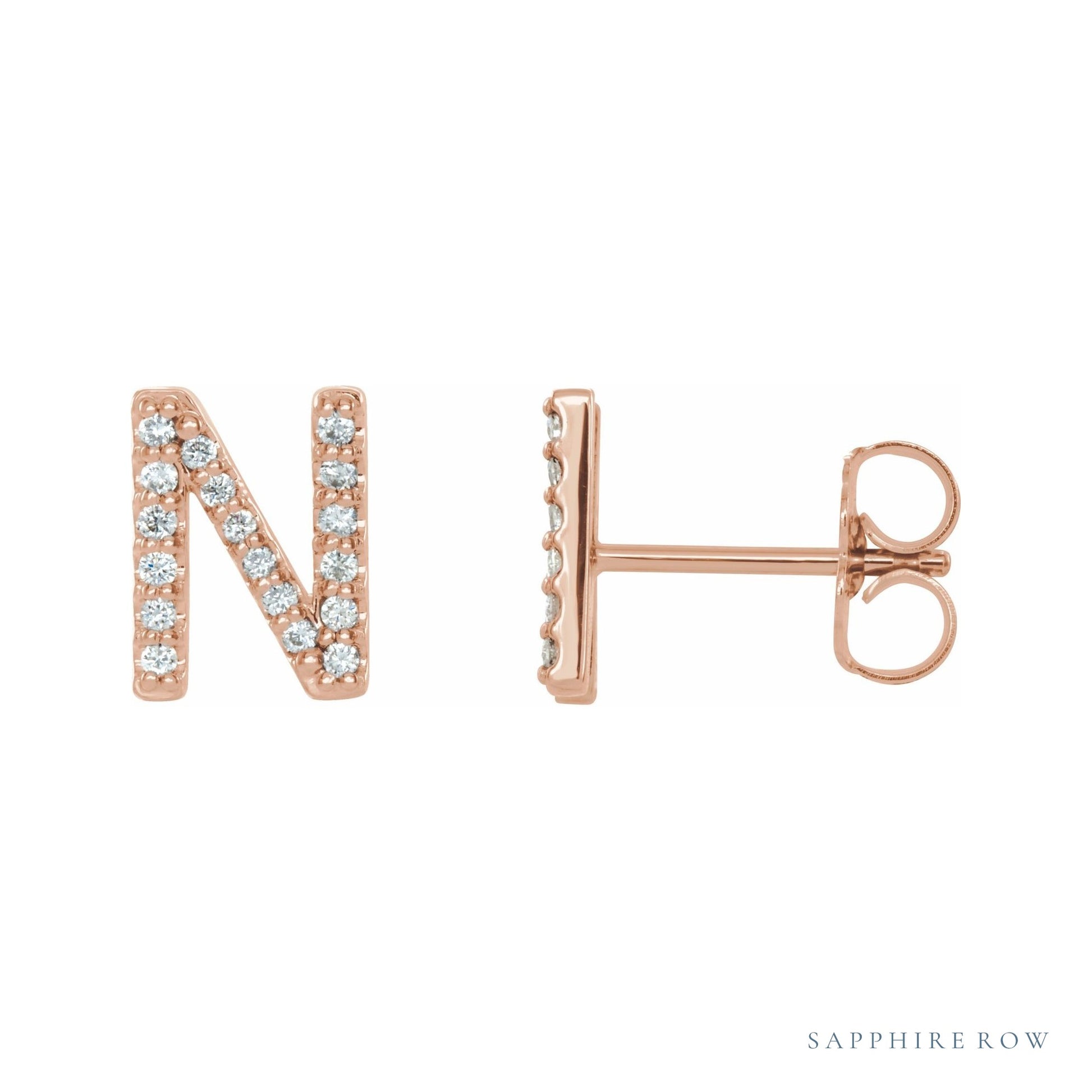 Sapphire Row Natural Diamond Pavé Initial Stud Earrings - N, 14K Rose Gold