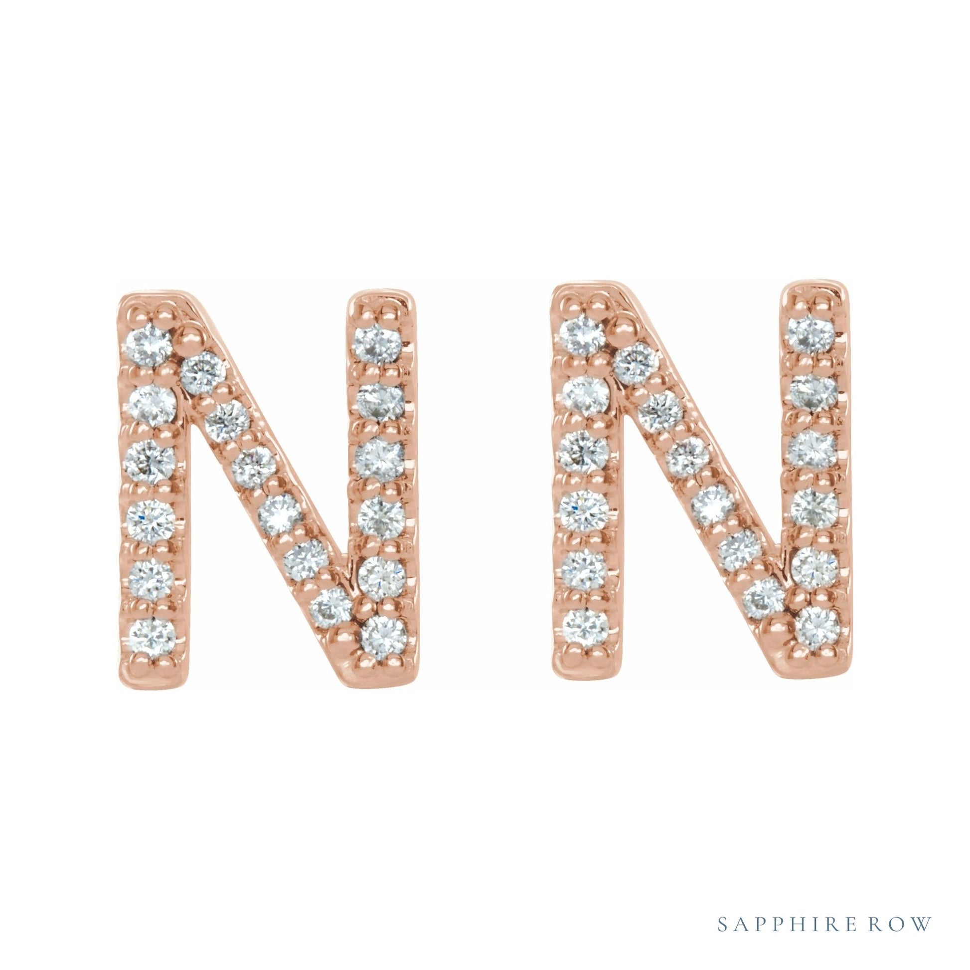 Sapphire Row Natural Diamond Pavé Initial Stud Earrings - N, 14K Rose Gold (view 2)