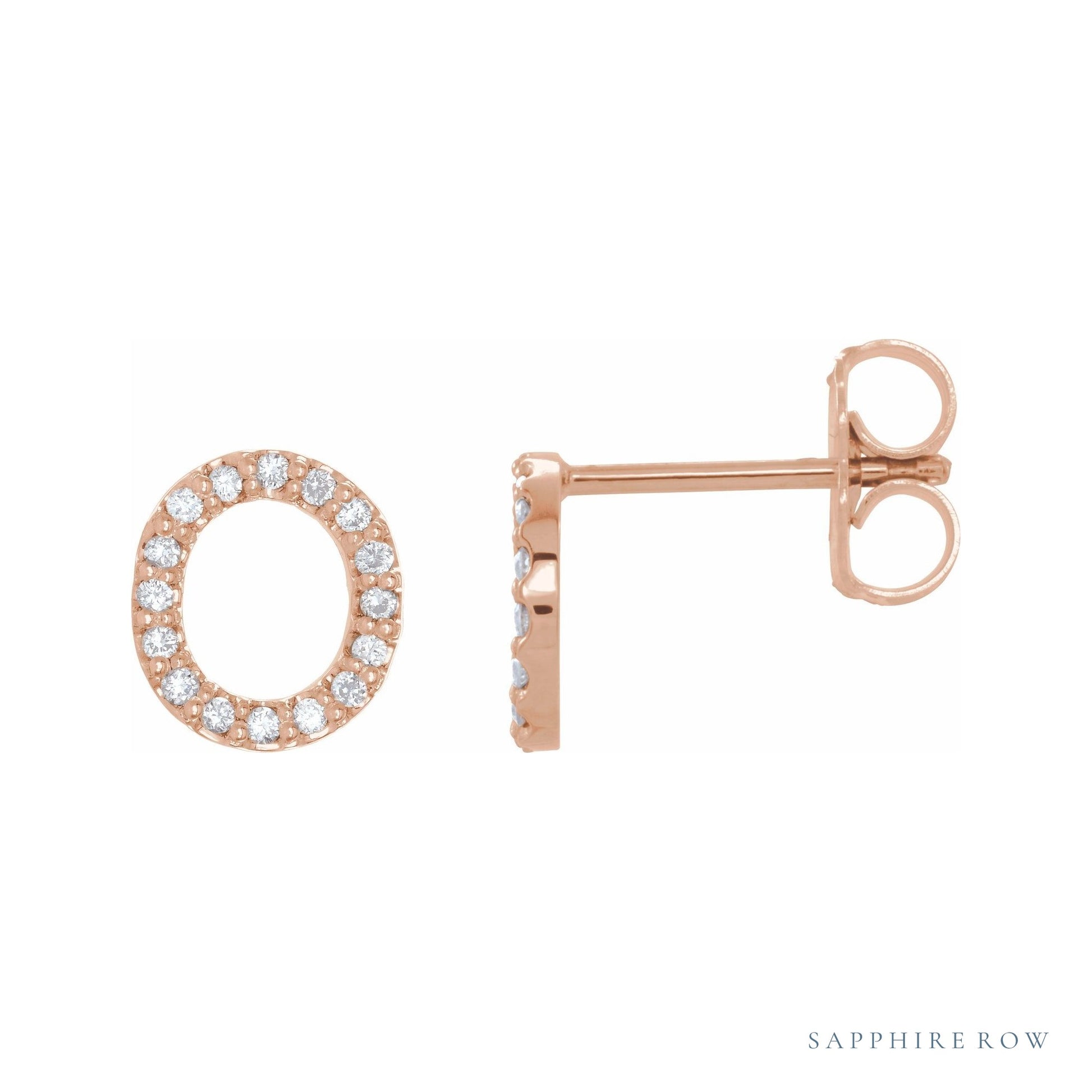 Sapphire Row Natural Diamond Pavé Initial Stud Earrings - O, 14K Rose Gold