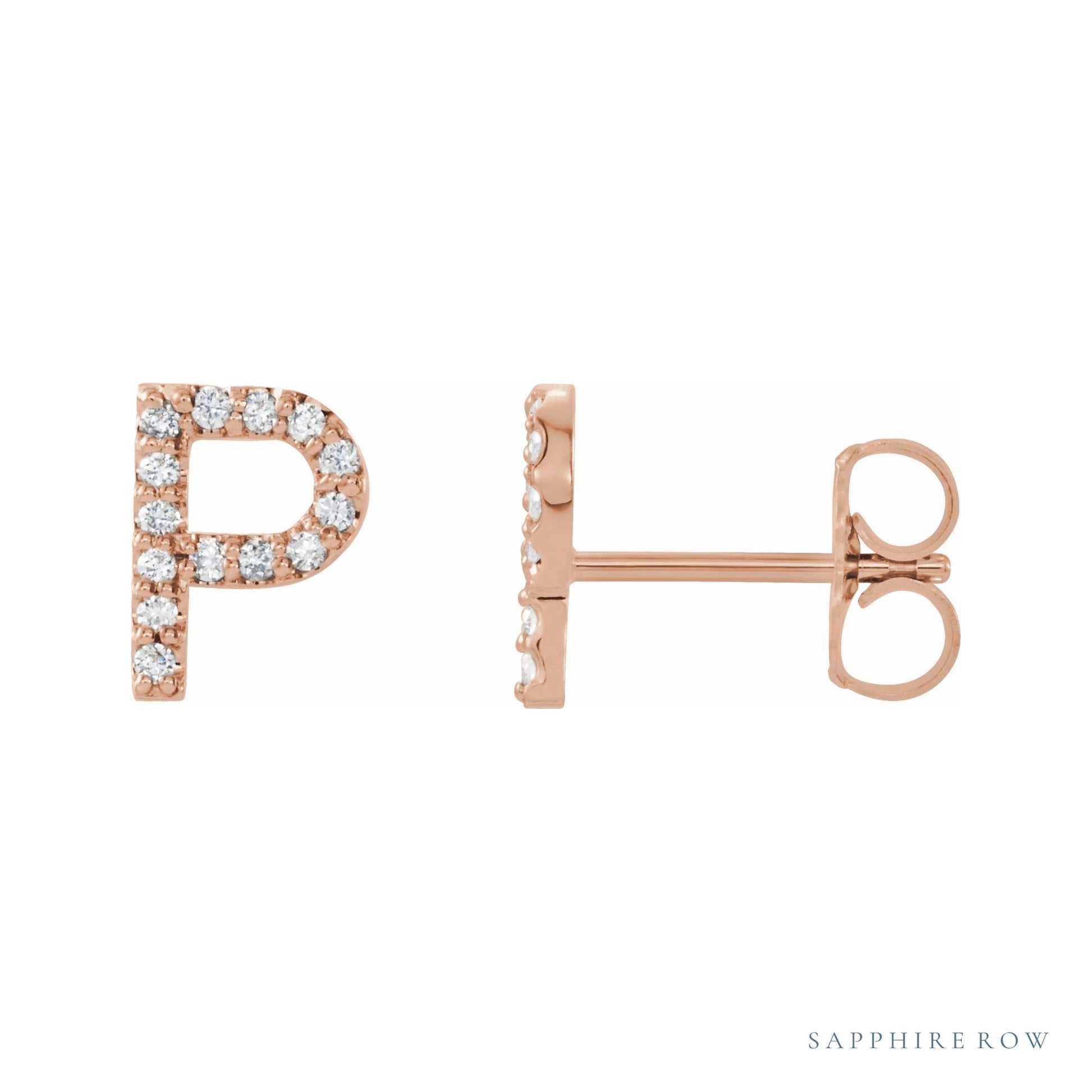 Sapphire Row Natural Diamond Pavé Initial Stud Earrings - P, 14K Rose Gold
