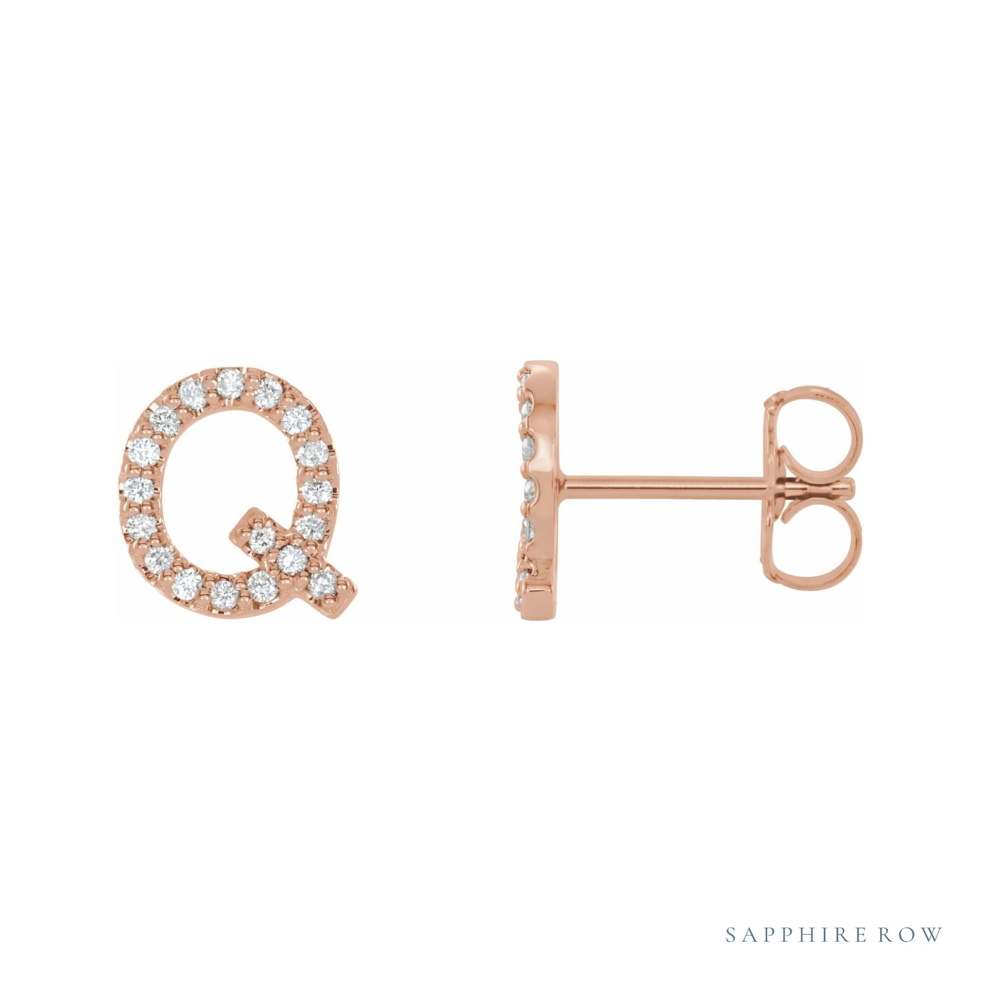 Sapphire Row Natural Diamond Pavé Initial Stud Earrings - Q, 14K Rose Gold