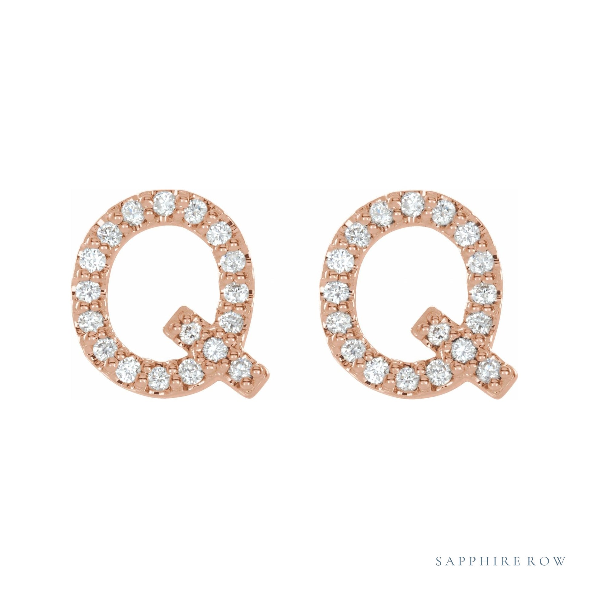 Sapphire Row Natural Diamond Pavé Initial Stud Earrings - Q, 14K Rose Gold (view 2)