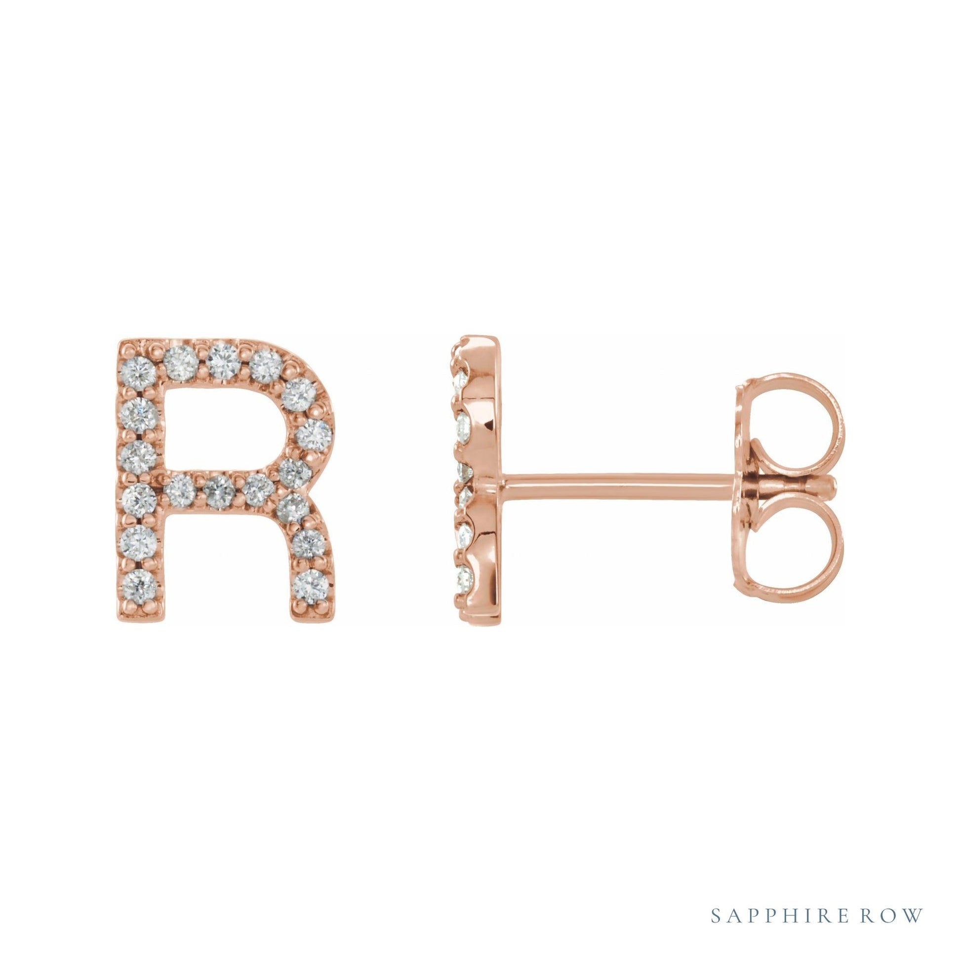 Sapphire Row Natural Diamond Pavé Initial Stud Earrings - R, 14K Rose Gold