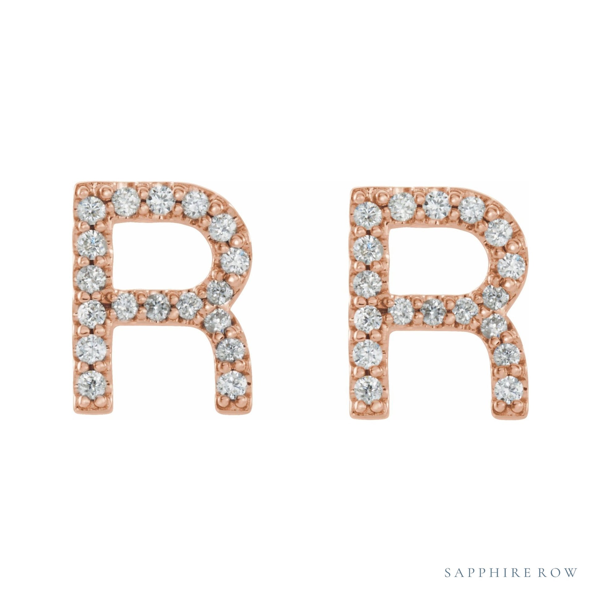 Sapphire Row Natural Diamond Pavé Initial Stud Earrings - R, 14K Rose Gold (view 2)