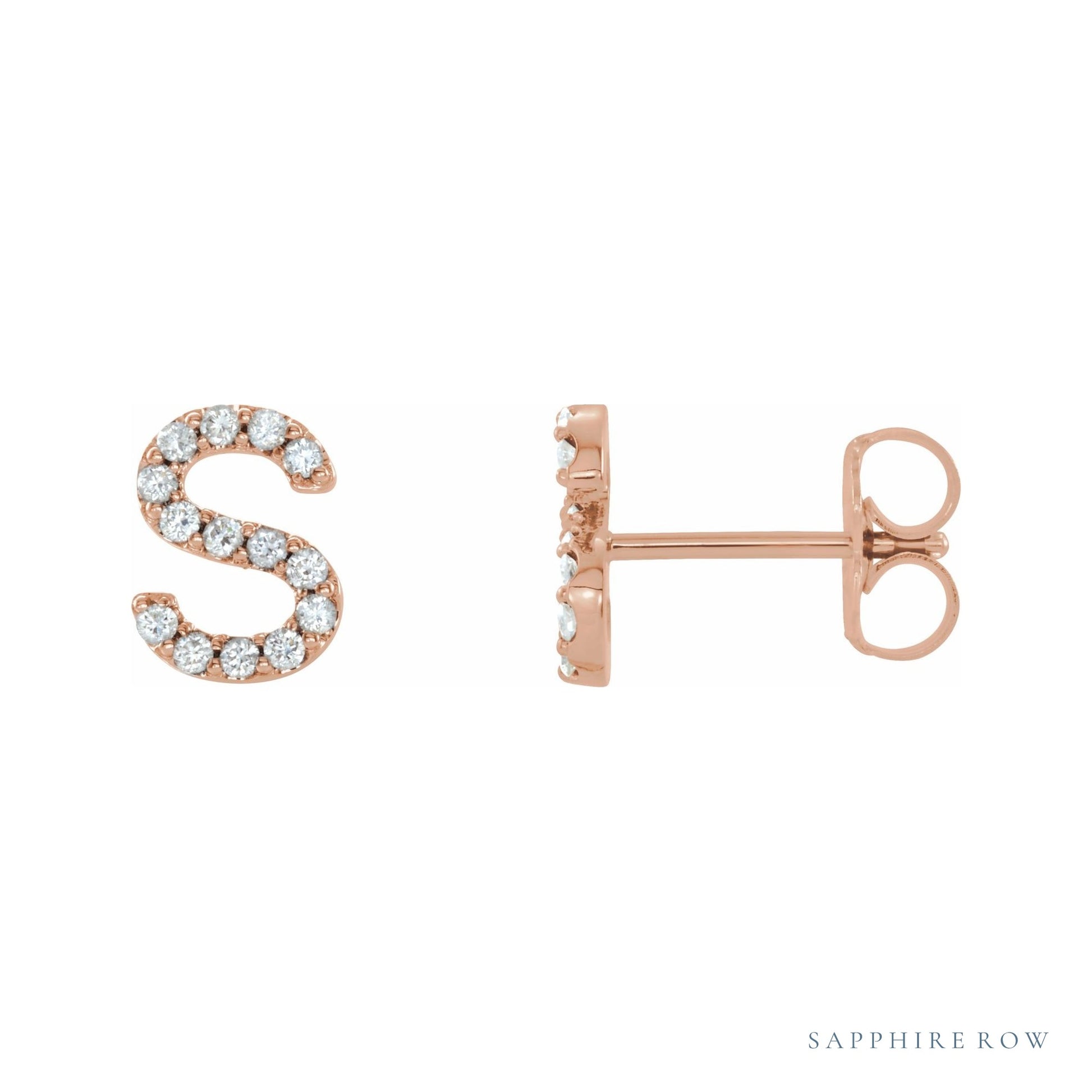 Sapphire Row Natural Diamond Pavé Initial Stud Earrings - S, 14K Rose Gold