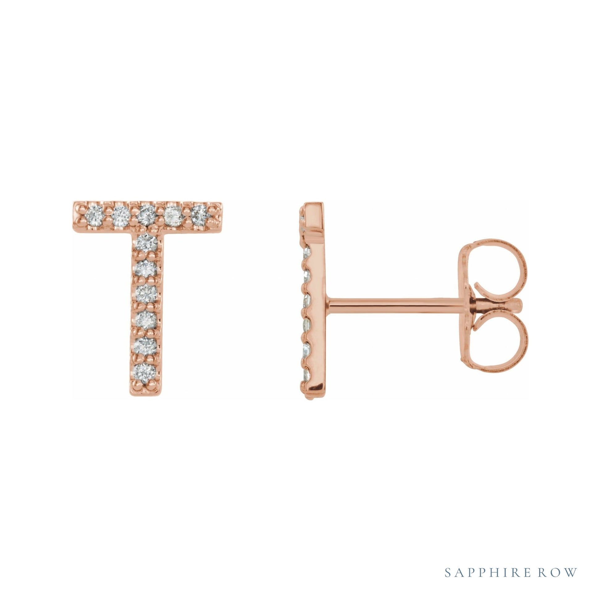 Sapphire Row Natural Diamond Pavé Initial Stud Earrings - T, 14K Rose Gold