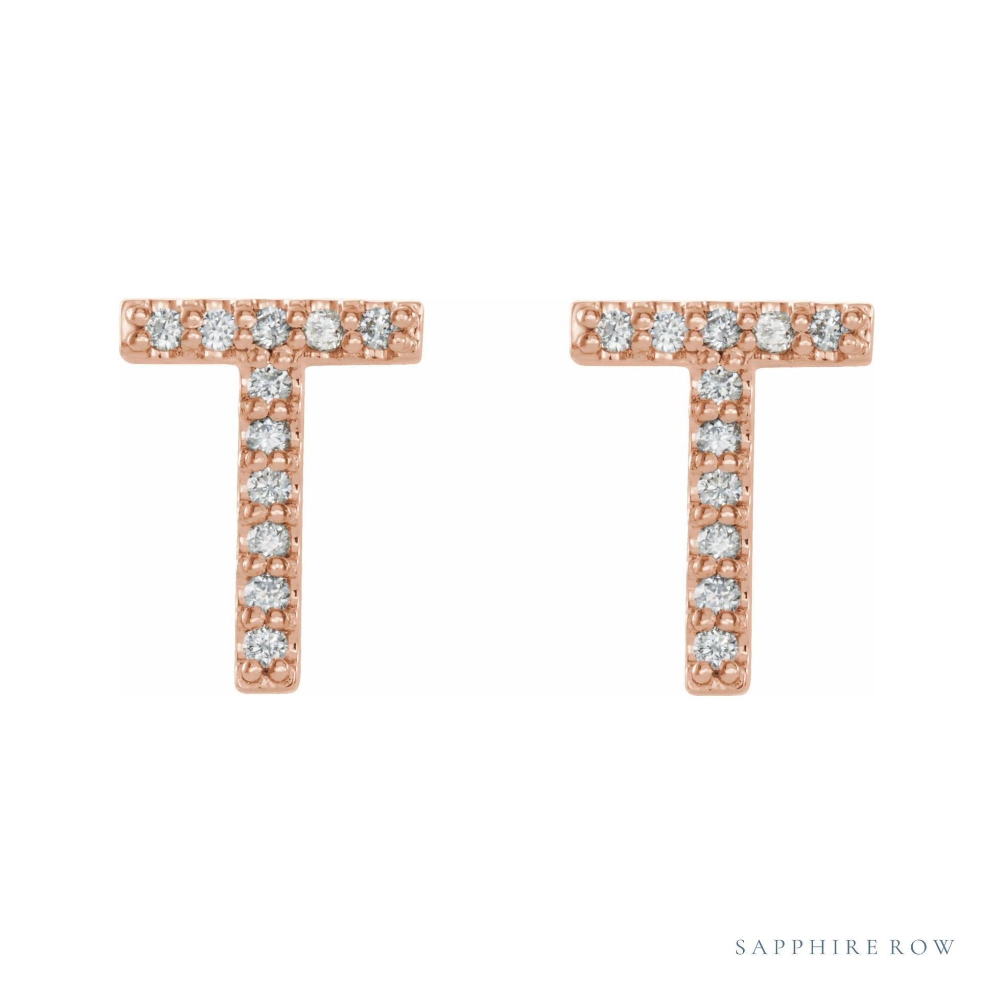 Sapphire Row Natural Diamond Pavé Initial Stud Earrings - T, 14K Rose Gold (view 2)