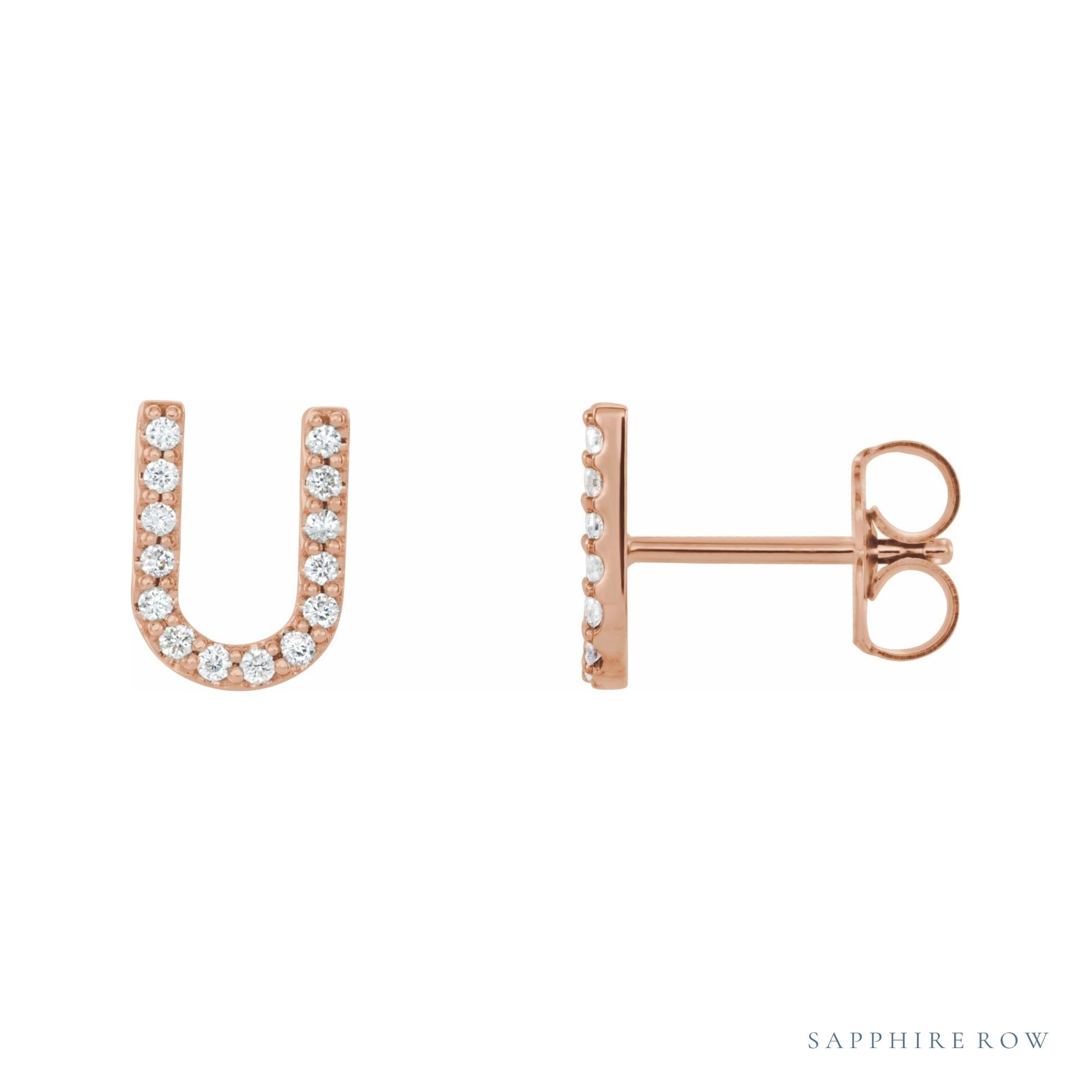 Sapphire Row Natural Diamond Pavé Initial Stud Earrings - U, 14K Rose Gold