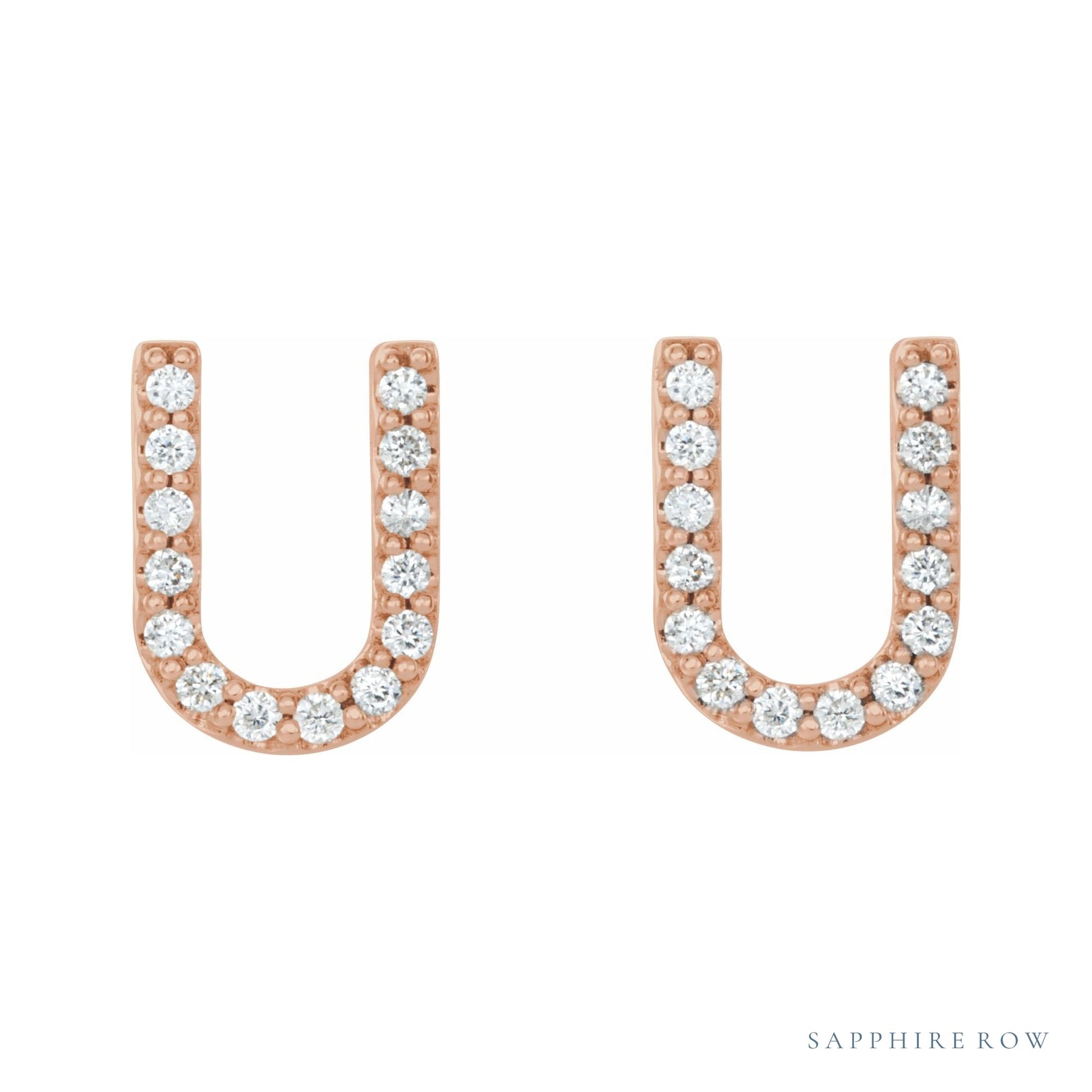 Sapphire Row Natural Diamond Pavé Initial Stud Earrings - U, 14K Rose Gold (view 2)