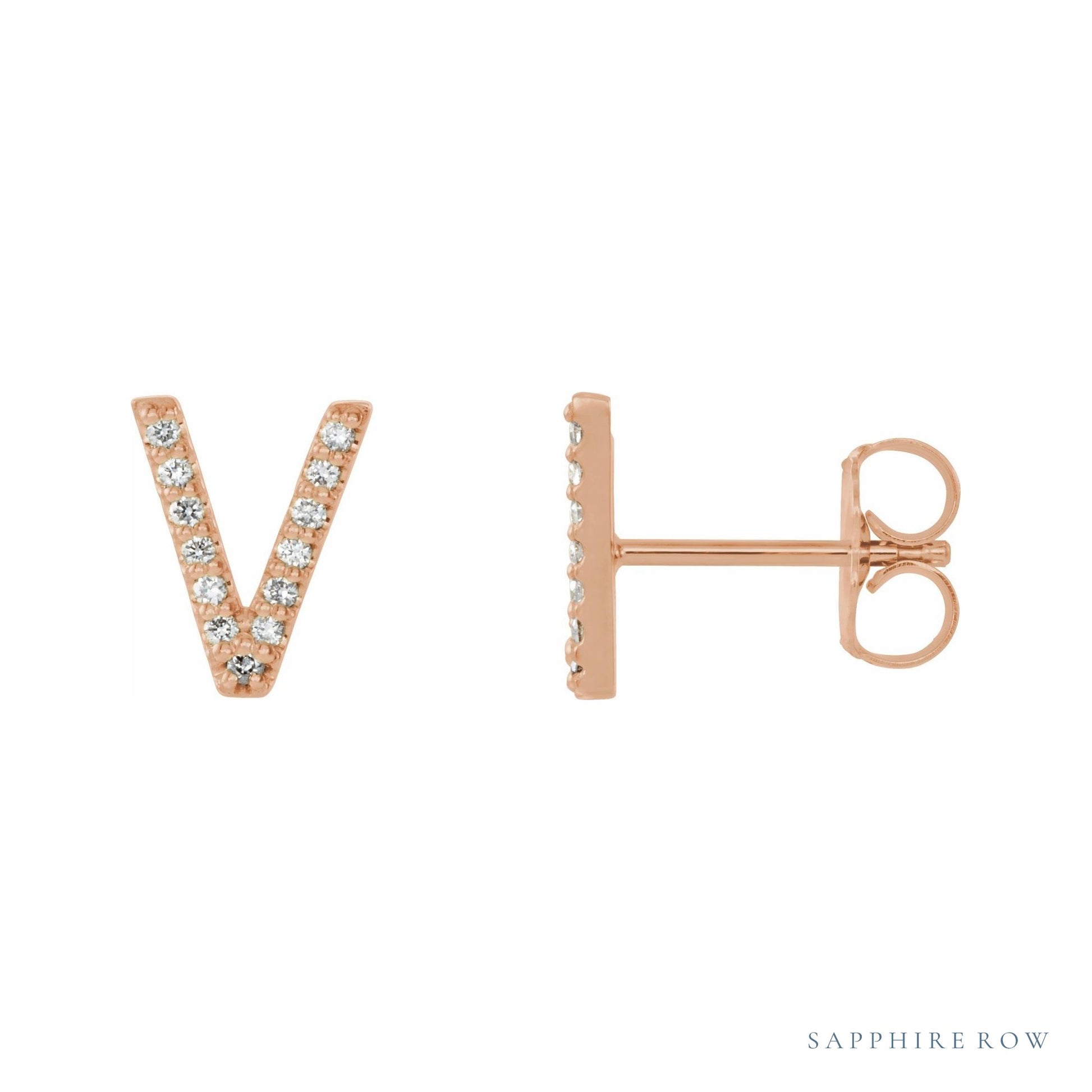 Sapphire Row Natural Diamond Pavé Initial Stud Earrings - V, 14K Rose Gold