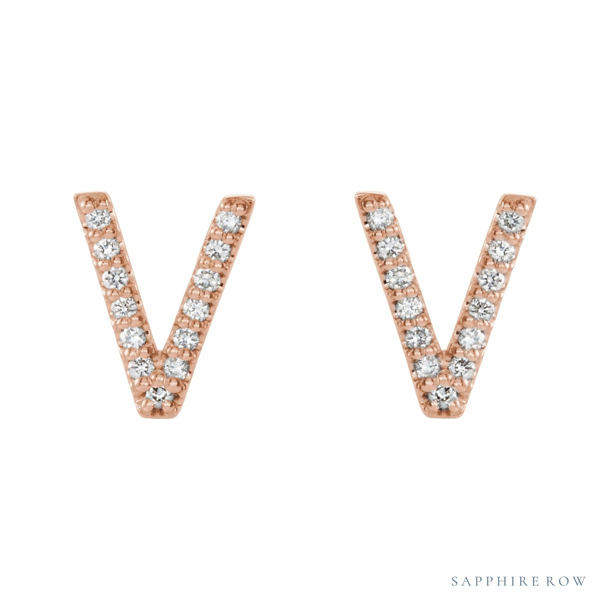 Sapphire Row Natural Diamond Pavé Initial Stud Earrings - V, 14K Rose Gold (view 2)