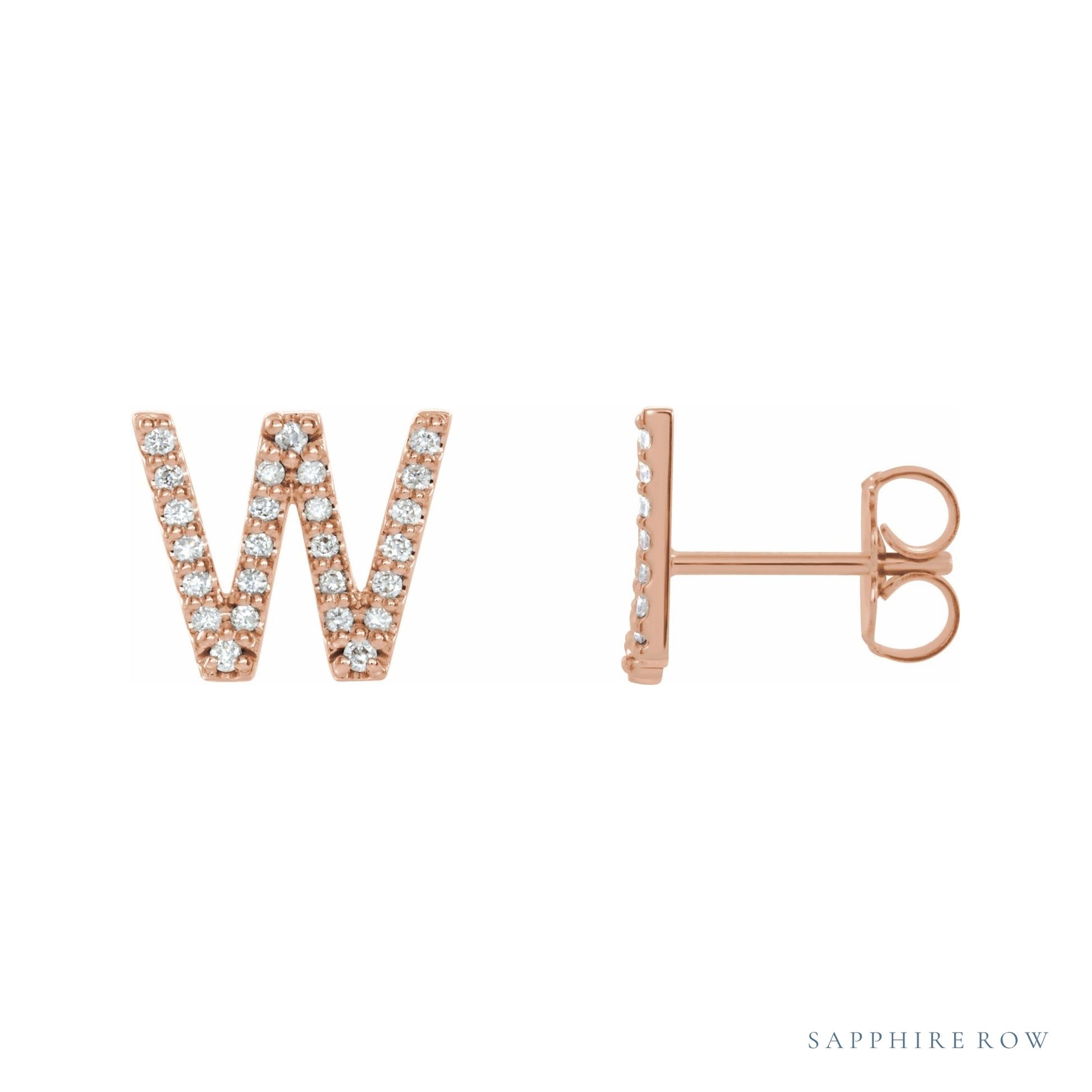 Sapphire Row Natural Diamond Pavé Initial Stud Earrings - W, 14K Rose Gold