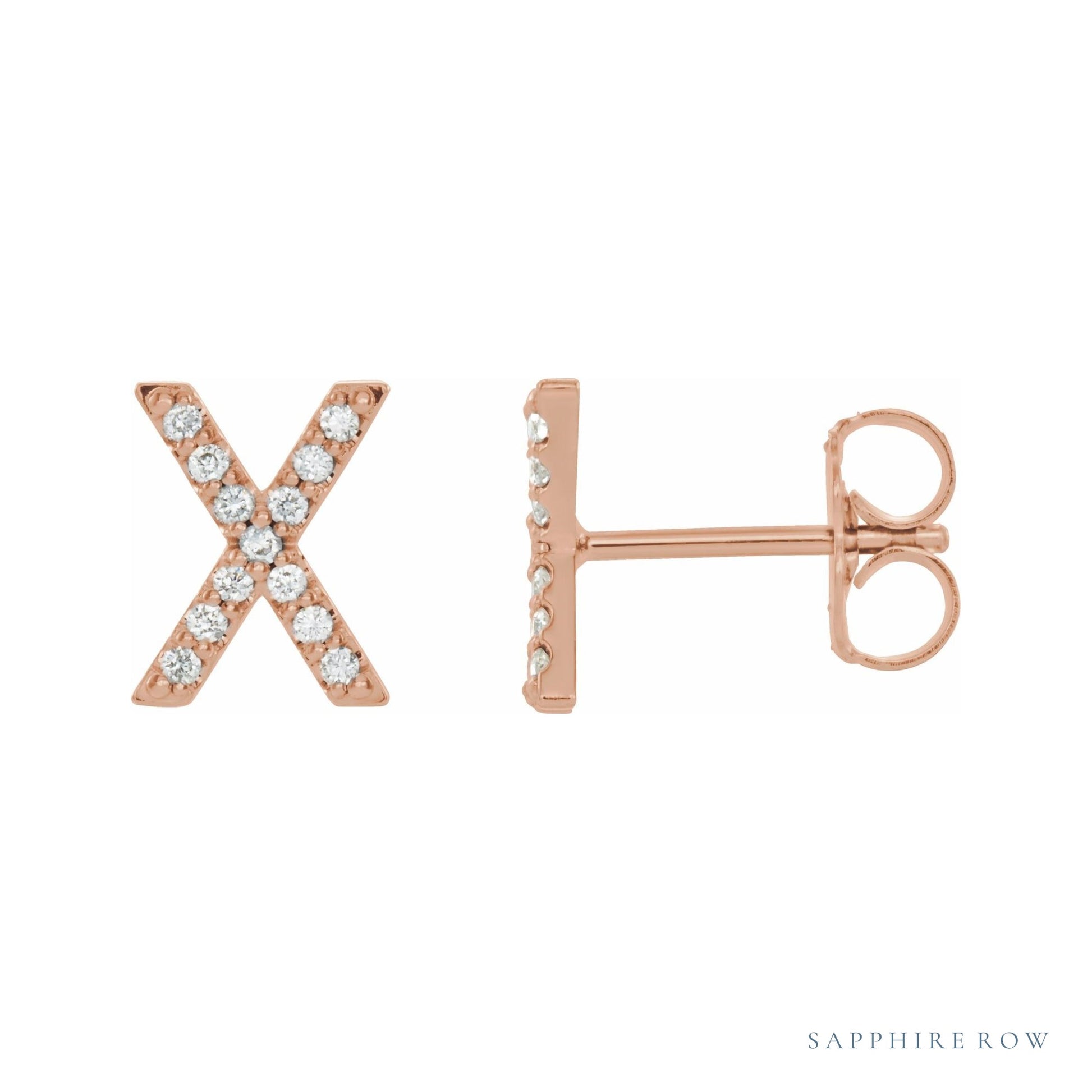 Sapphire Row Natural Diamond Pavé Initial Stud Earrings - X, 14K Rose Gold