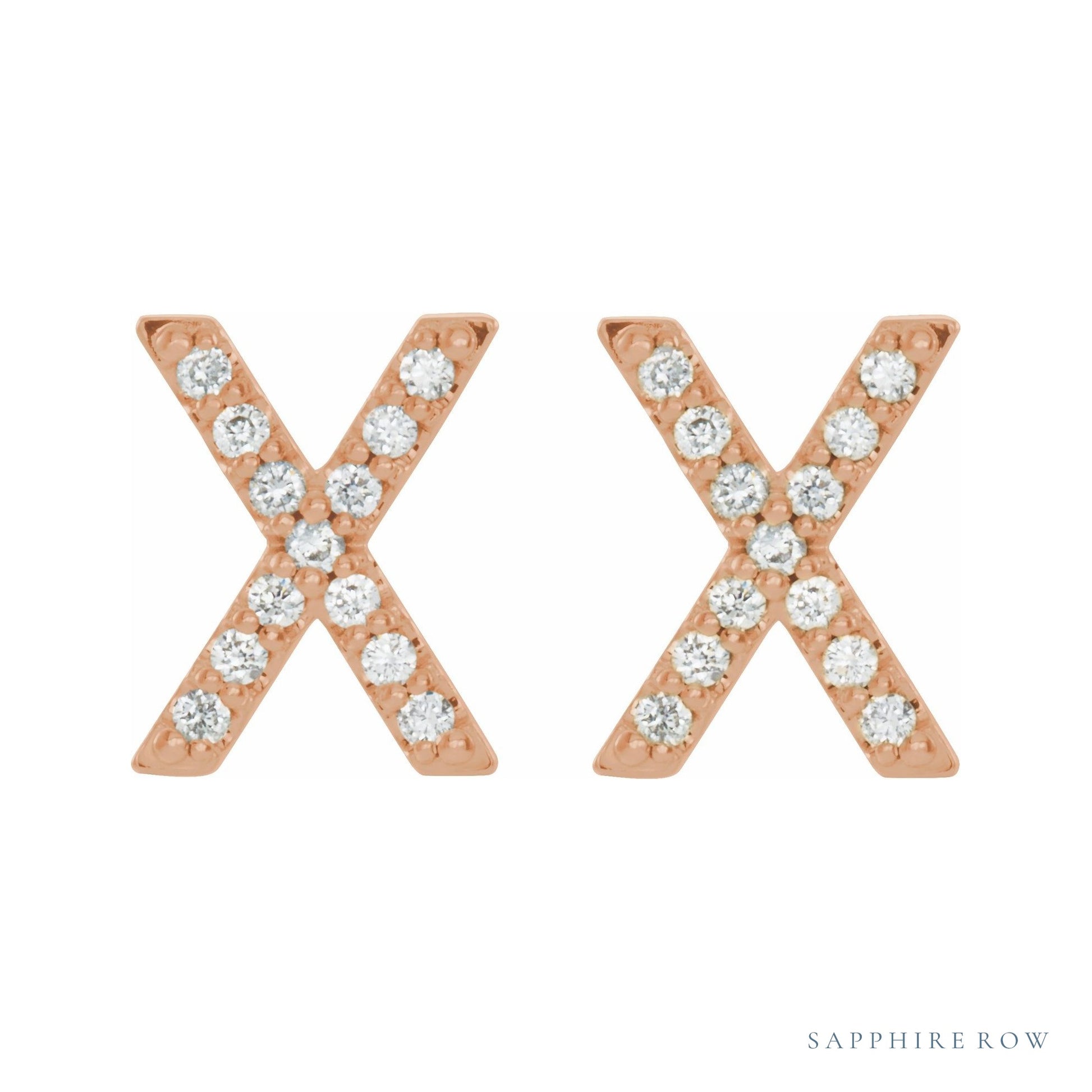 Sapphire Row Natural Diamond Pavé Initial Stud Earrings - X, 14K Rose Gold (view 2)