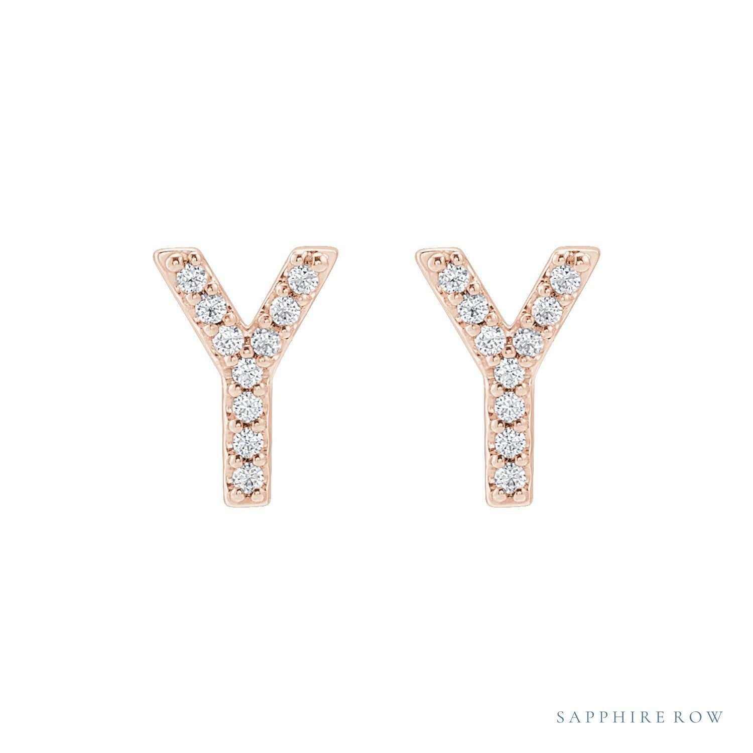Sapphire Row Natural Diamond Pavé Initial Stud Earrings - Y, 14K Rose Gold (view 2)