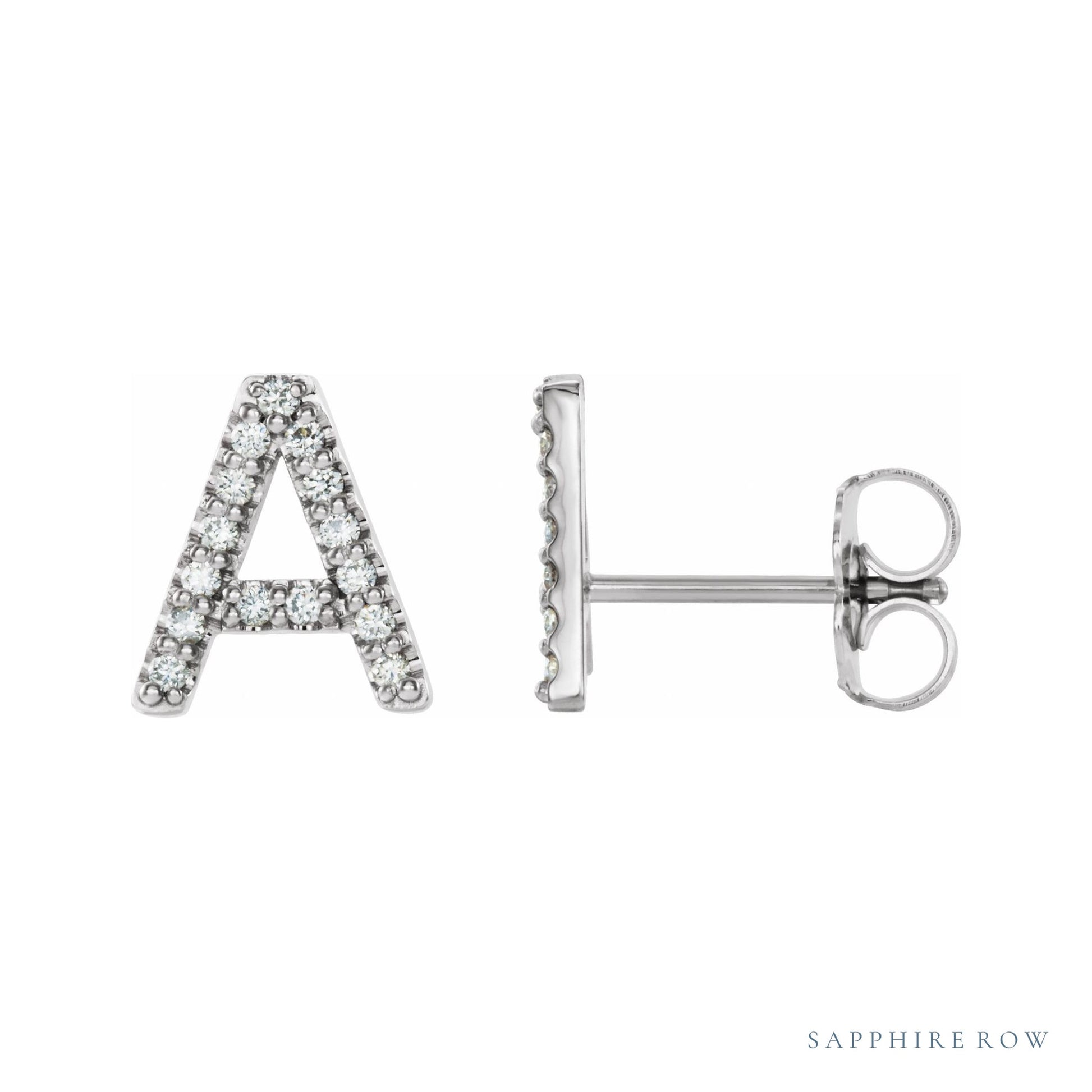 Sapphire Row Natural Diamond Pavé Initial Stud Earrings - A, Platinum