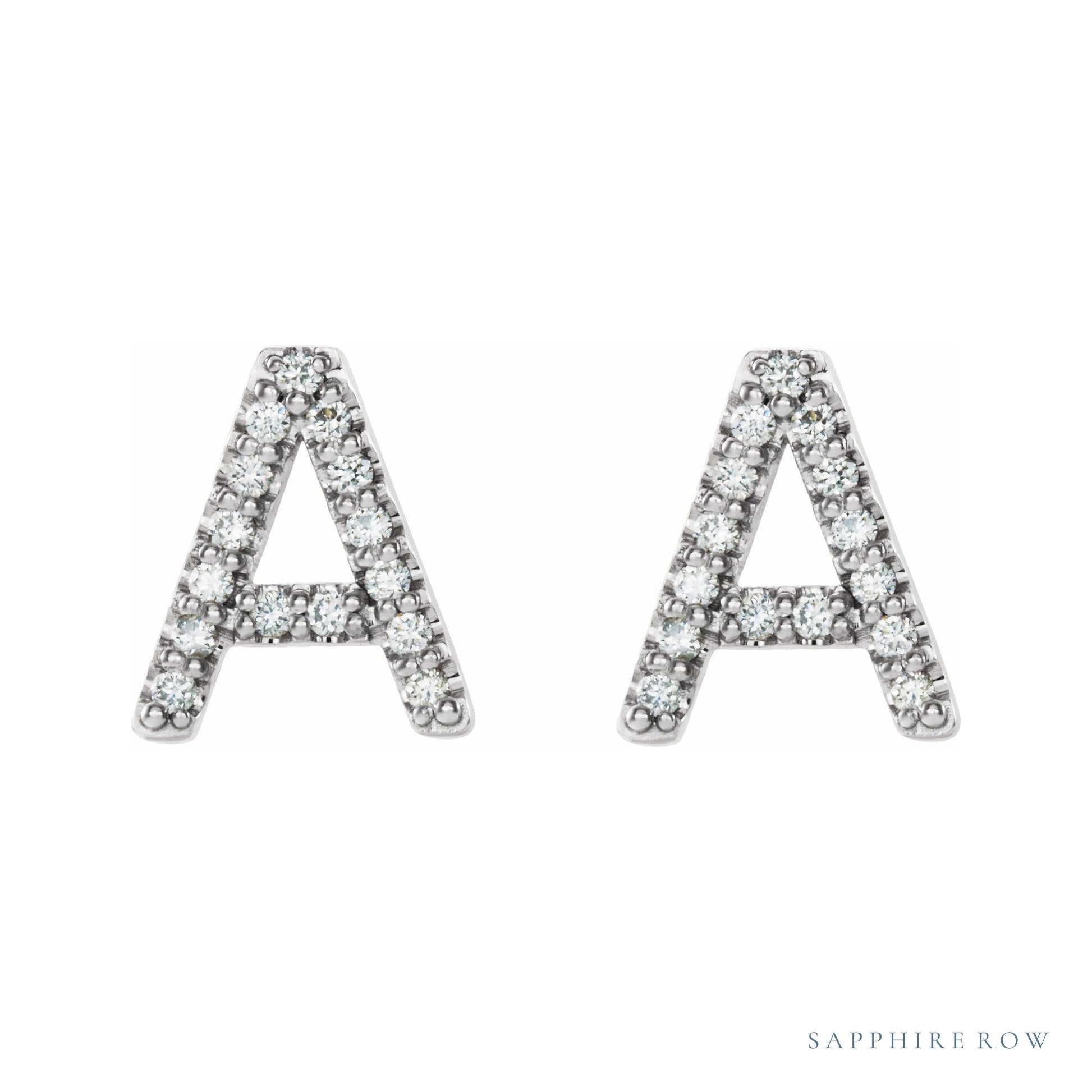 Sapphire Row Natural Diamond Pavé Initial Stud Earrings - A, Platinum (view 2)