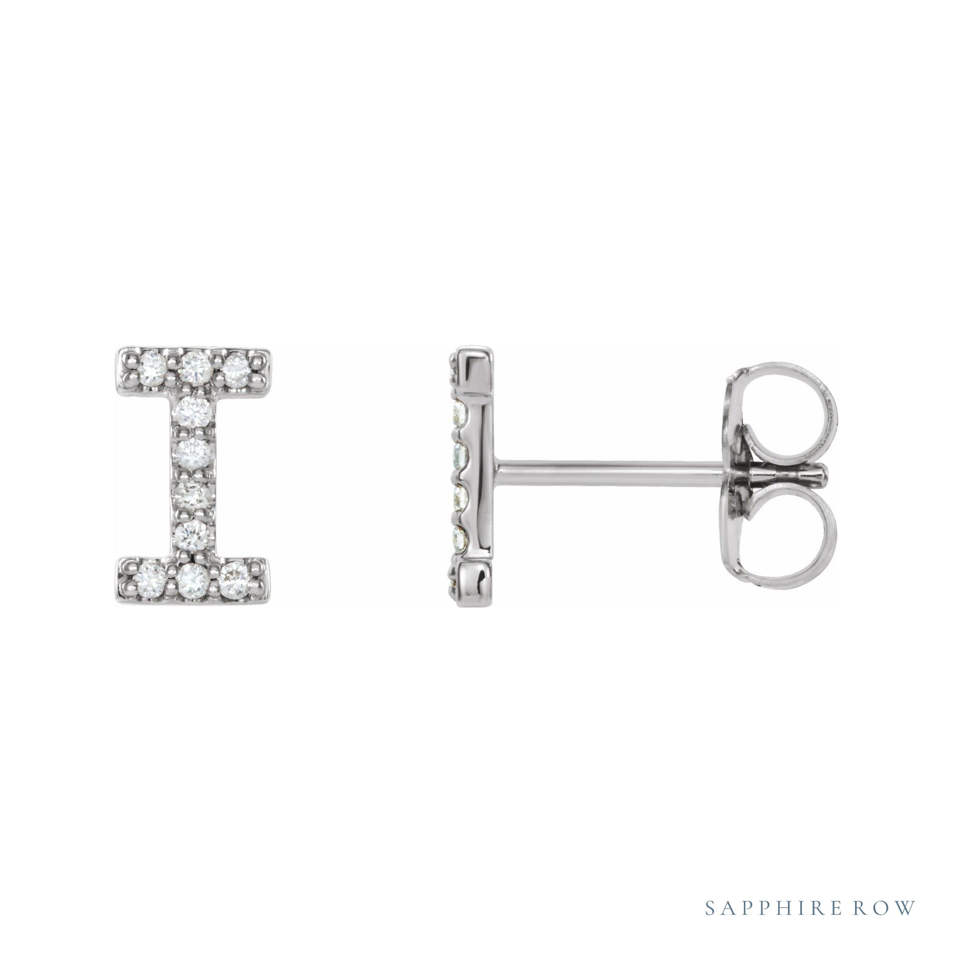 Sapphire Row Natural Diamond Pavé Initial Stud Earrings - I, Platinum