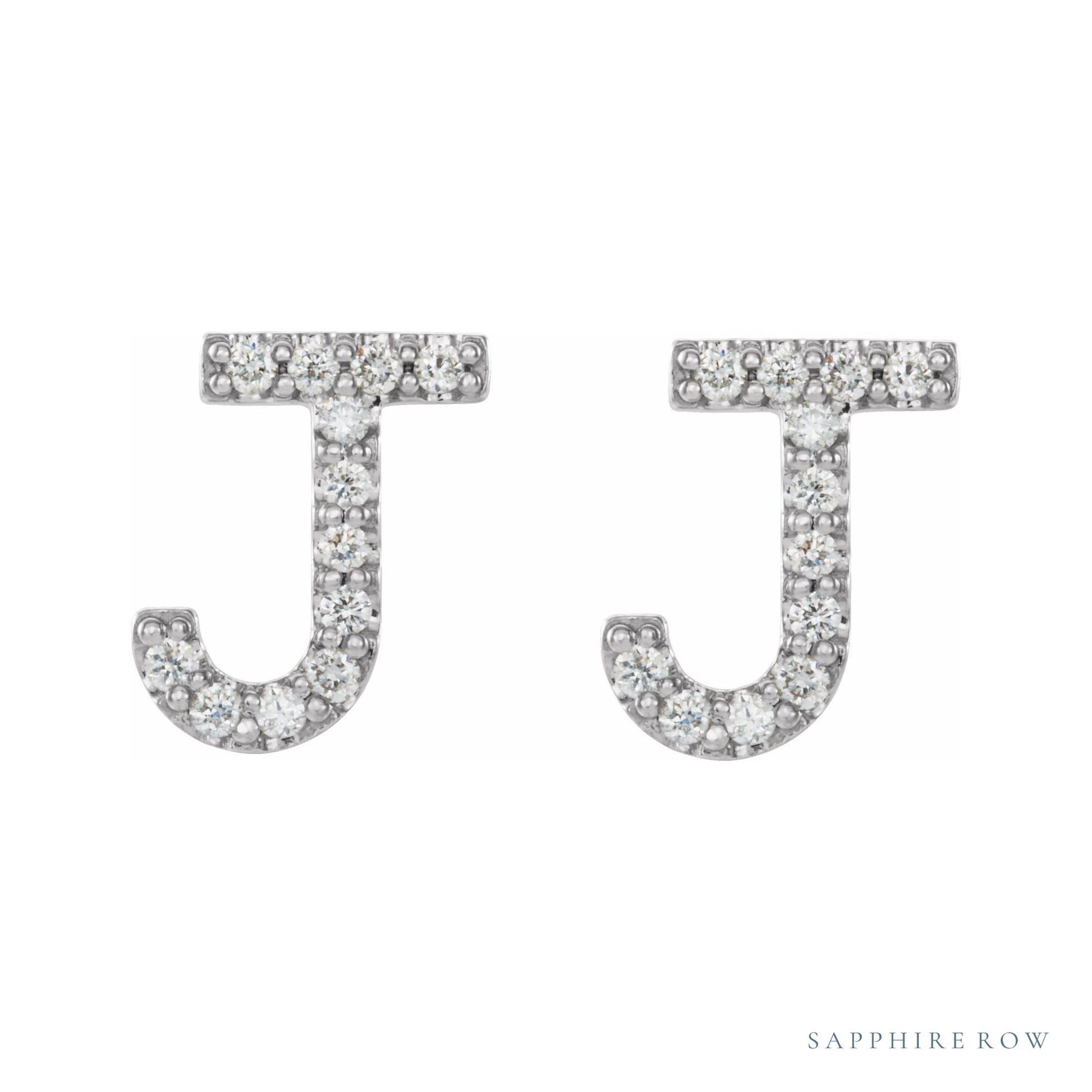 Sapphire Row Natural Diamond Pavé Initial Stud Earrings - J, Platinum (view 2)