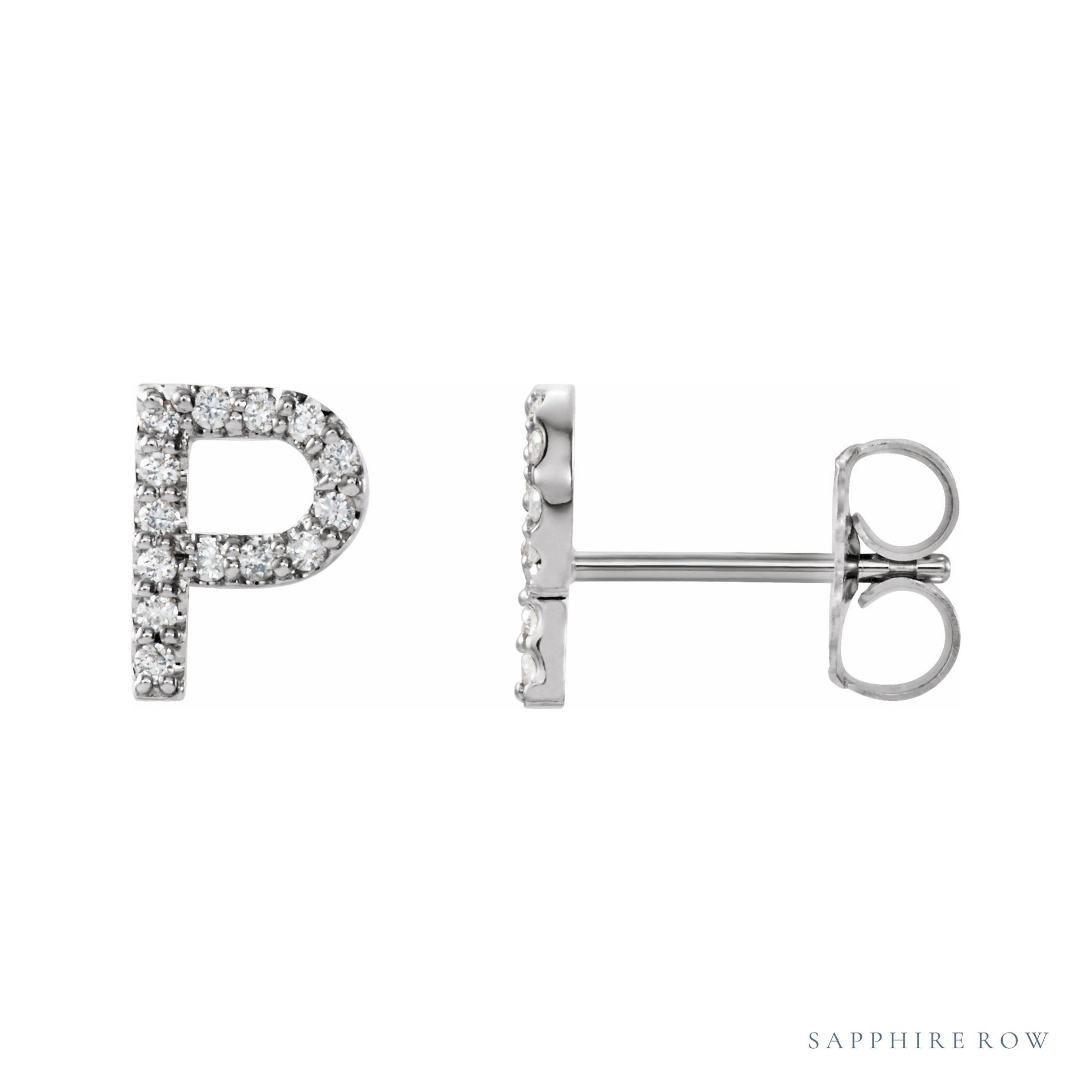 Sapphire Row Natural Diamond Pavé Initial Stud Earrings - P, Platinum
