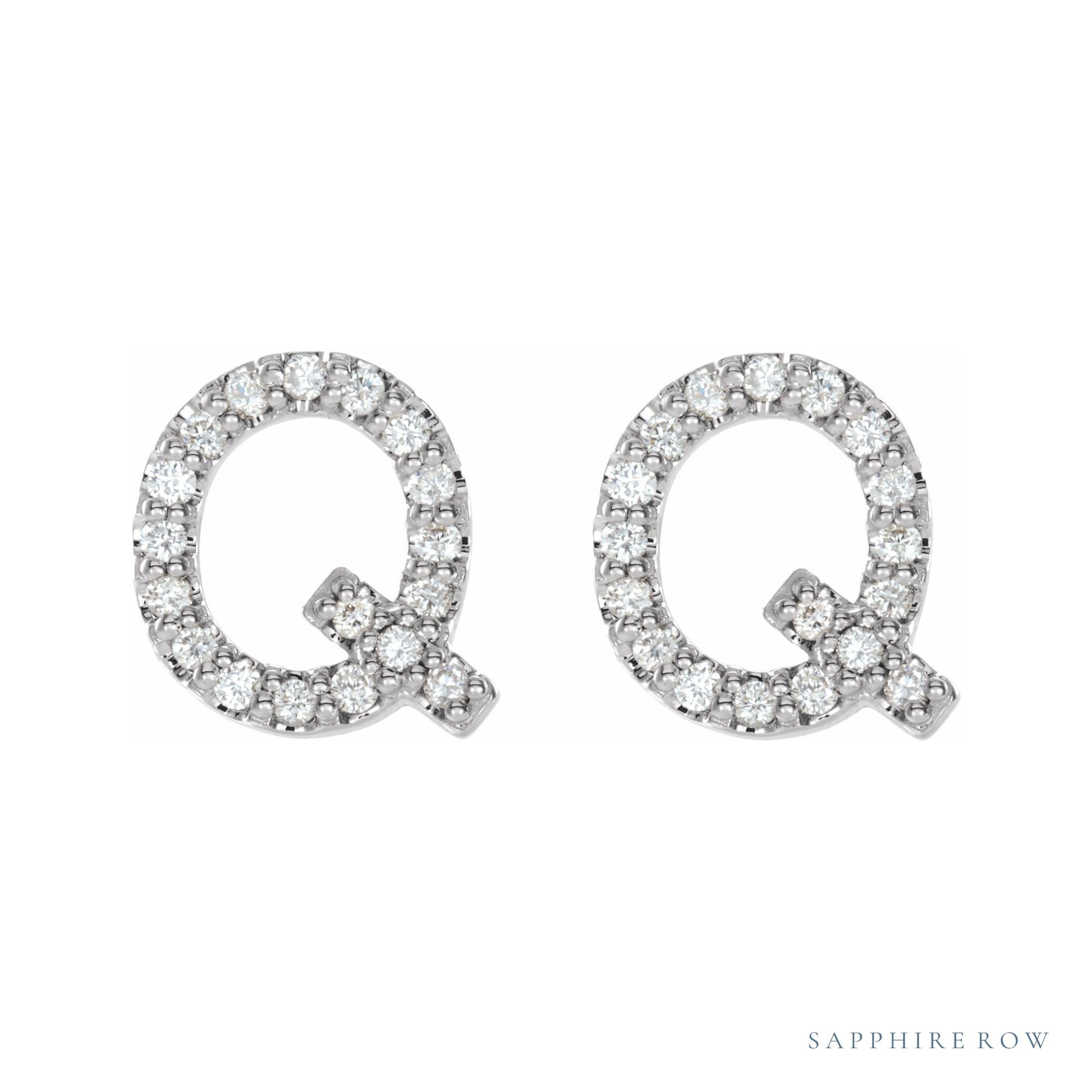Sapphire Row Natural Diamond Pavé Initial Stud Earrings - Q, Platinum (view 2)