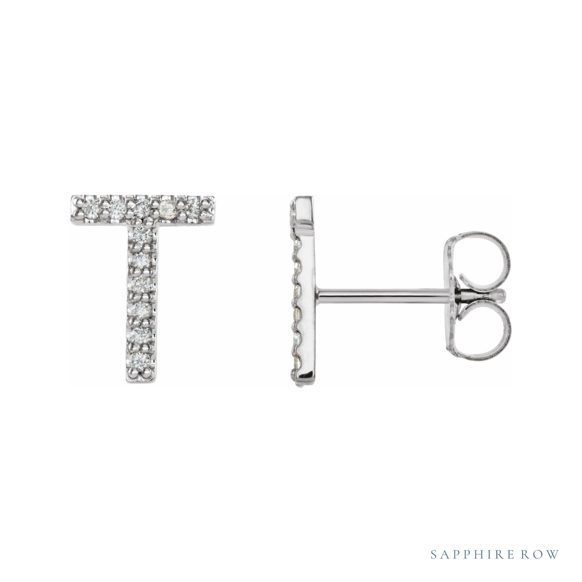 Sapphire Row Natural Diamond Pavé Initial Stud Earrings - T, Platinum