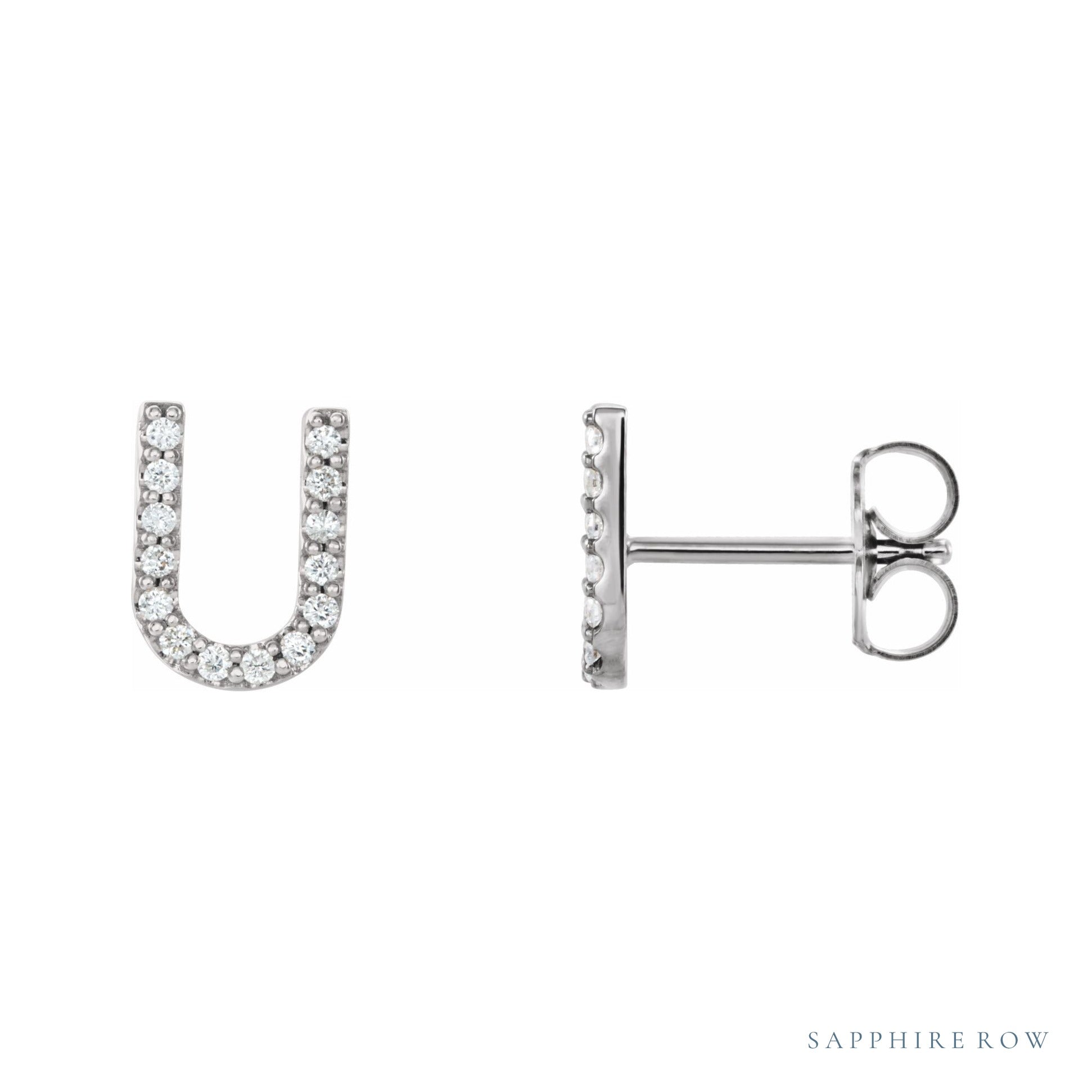 Sapphire Row Natural Diamond Pavé Initial Stud Earrings - U, Platinum