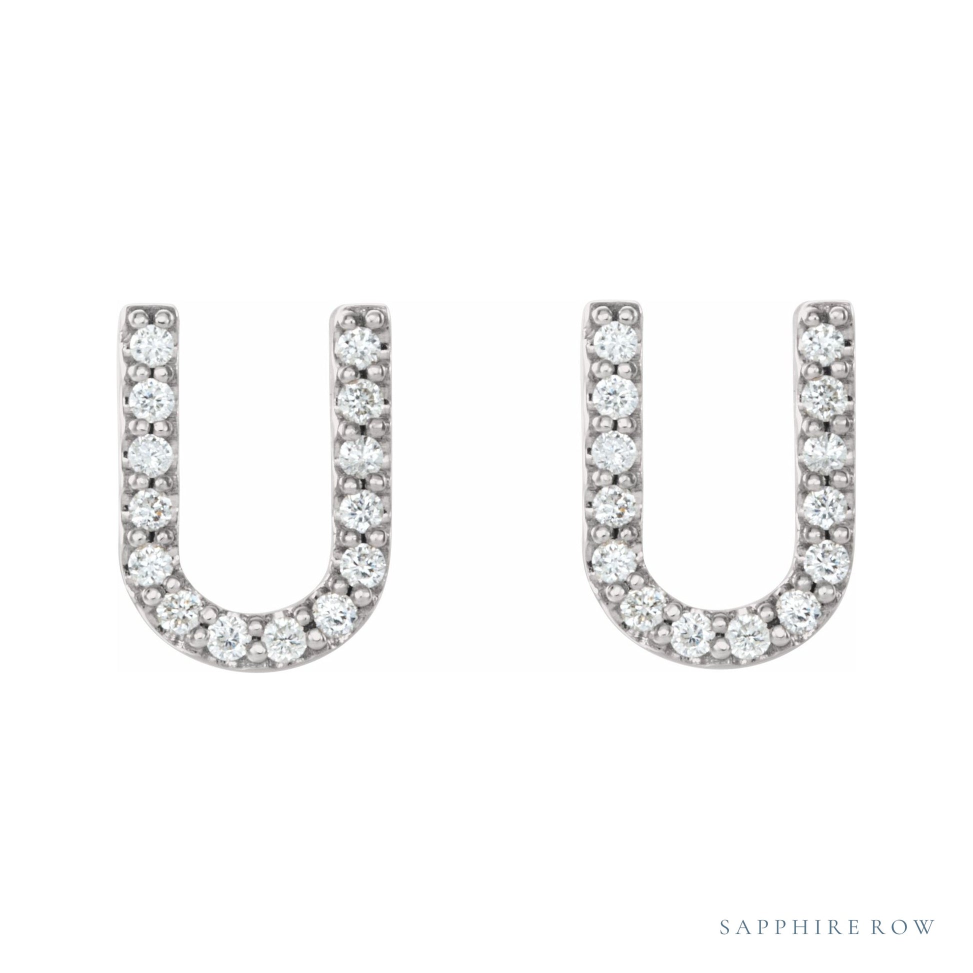 Sapphire Row Natural Diamond Pavé Initial Stud Earrings - U, Platinum (view 2)
