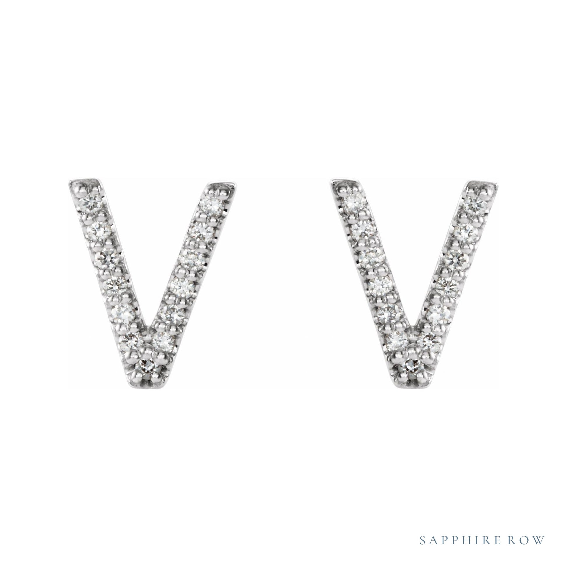 Sapphire Row Natural Diamond Pavé Initial Stud Earrings - V, Platinum (view 2)