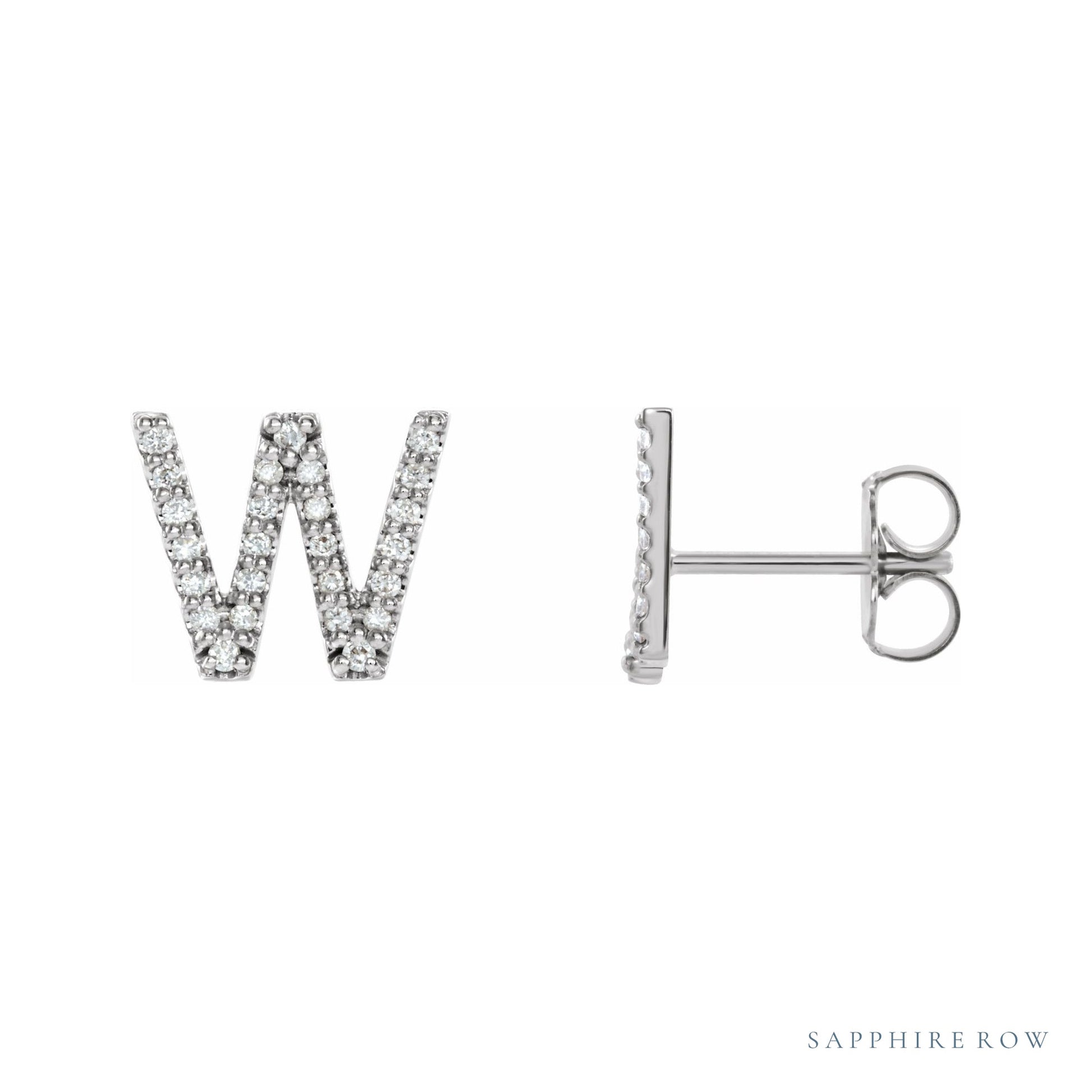 Sapphire Row Natural Diamond Pavé Initial Stud Earrings - W, Platinum