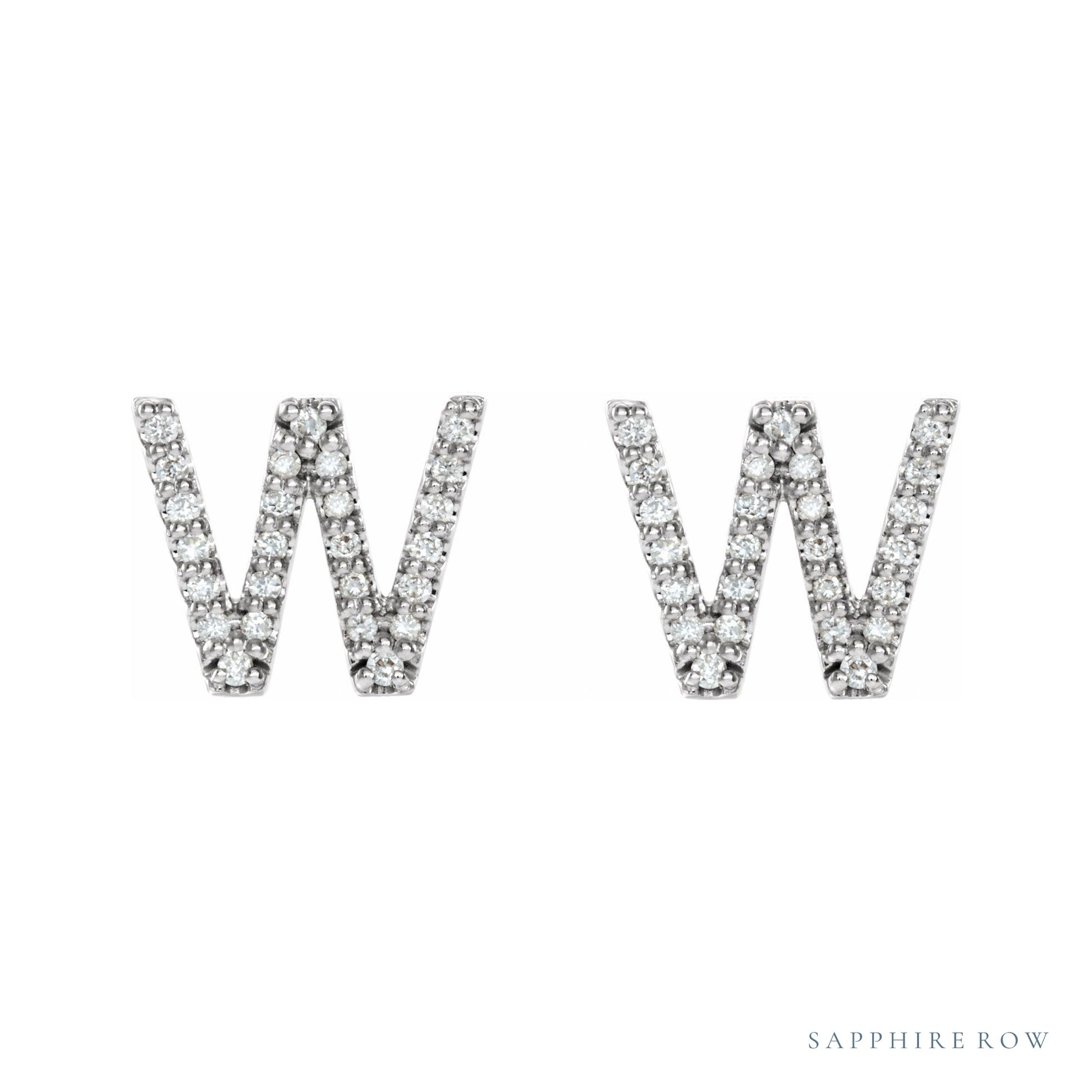 Sapphire Row Natural Diamond Pavé Initial Stud Earrings - W, Platinum (view 2)