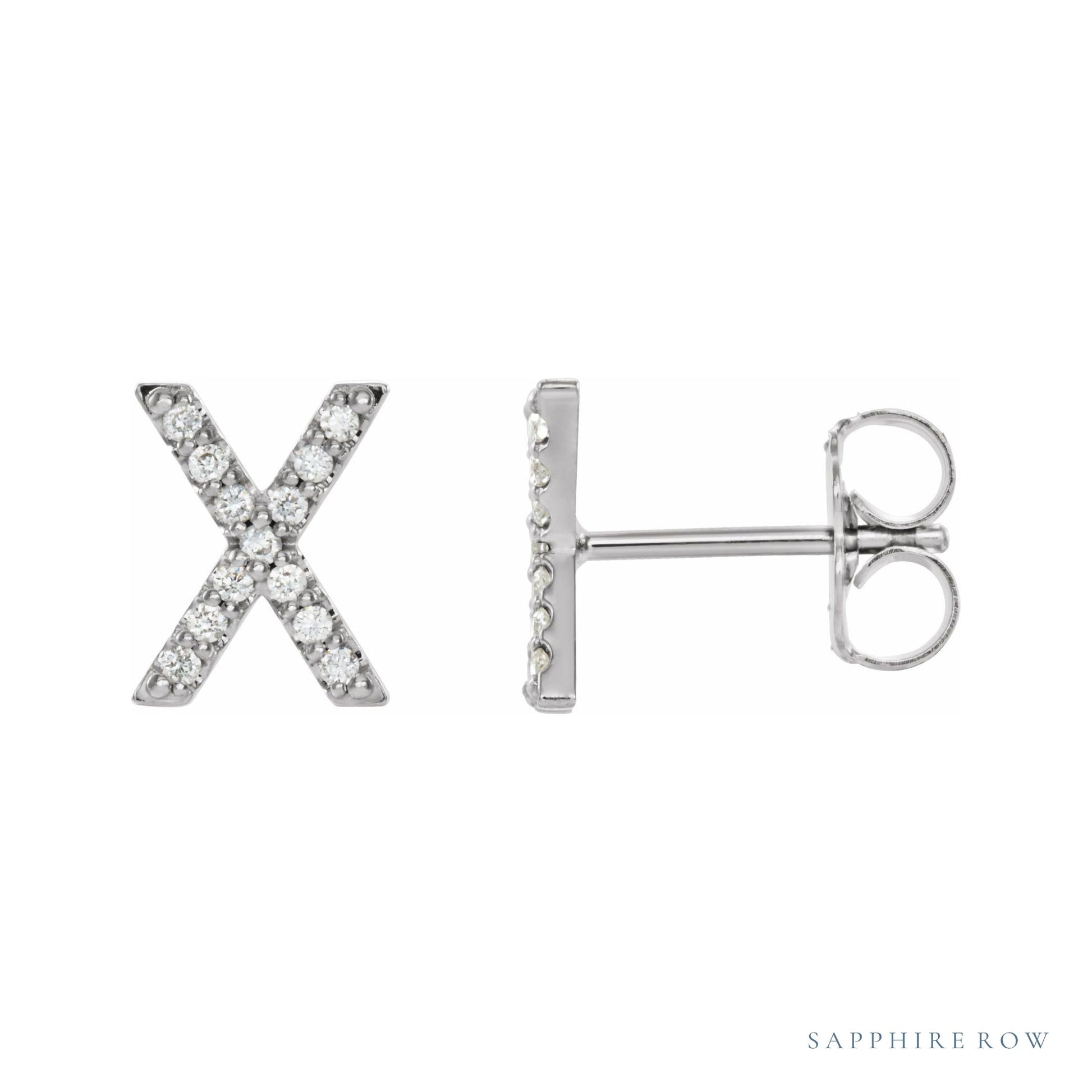 Sapphire Row Natural Diamond Pavé Initial Stud Earrings - X, Platinum