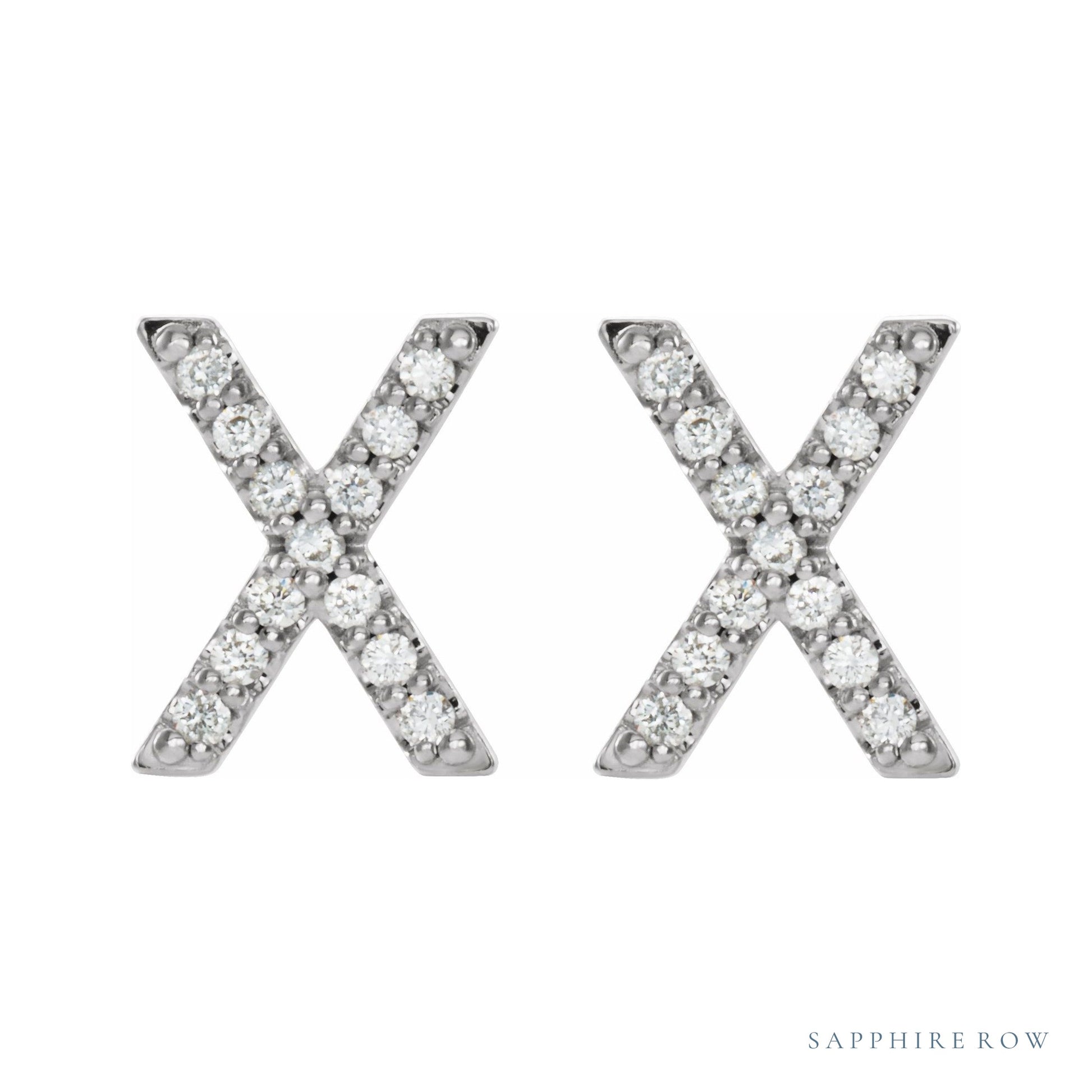 Sapphire Row Natural Diamond Pavé Initial Stud Earrings - X, Platinum (view 2)