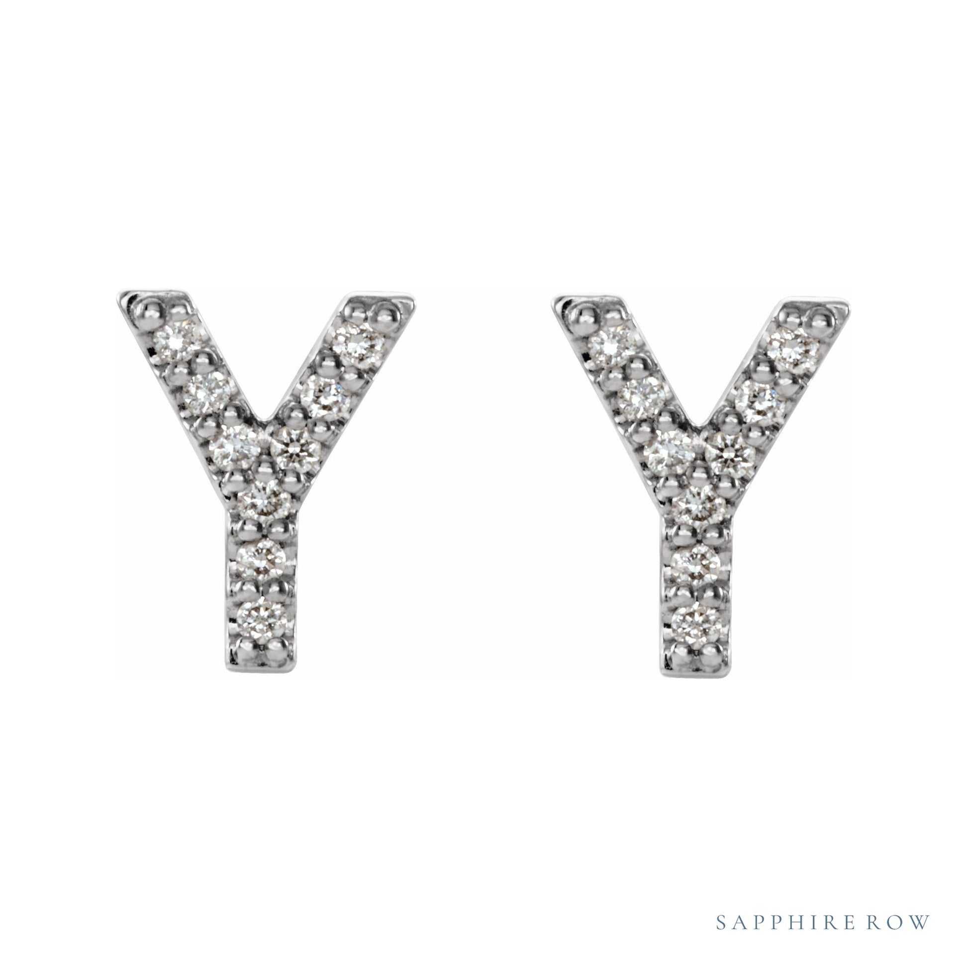 Sapphire Row Natural Diamond Pavé Initial Stud Earrings - Y, Platinum (view 2)